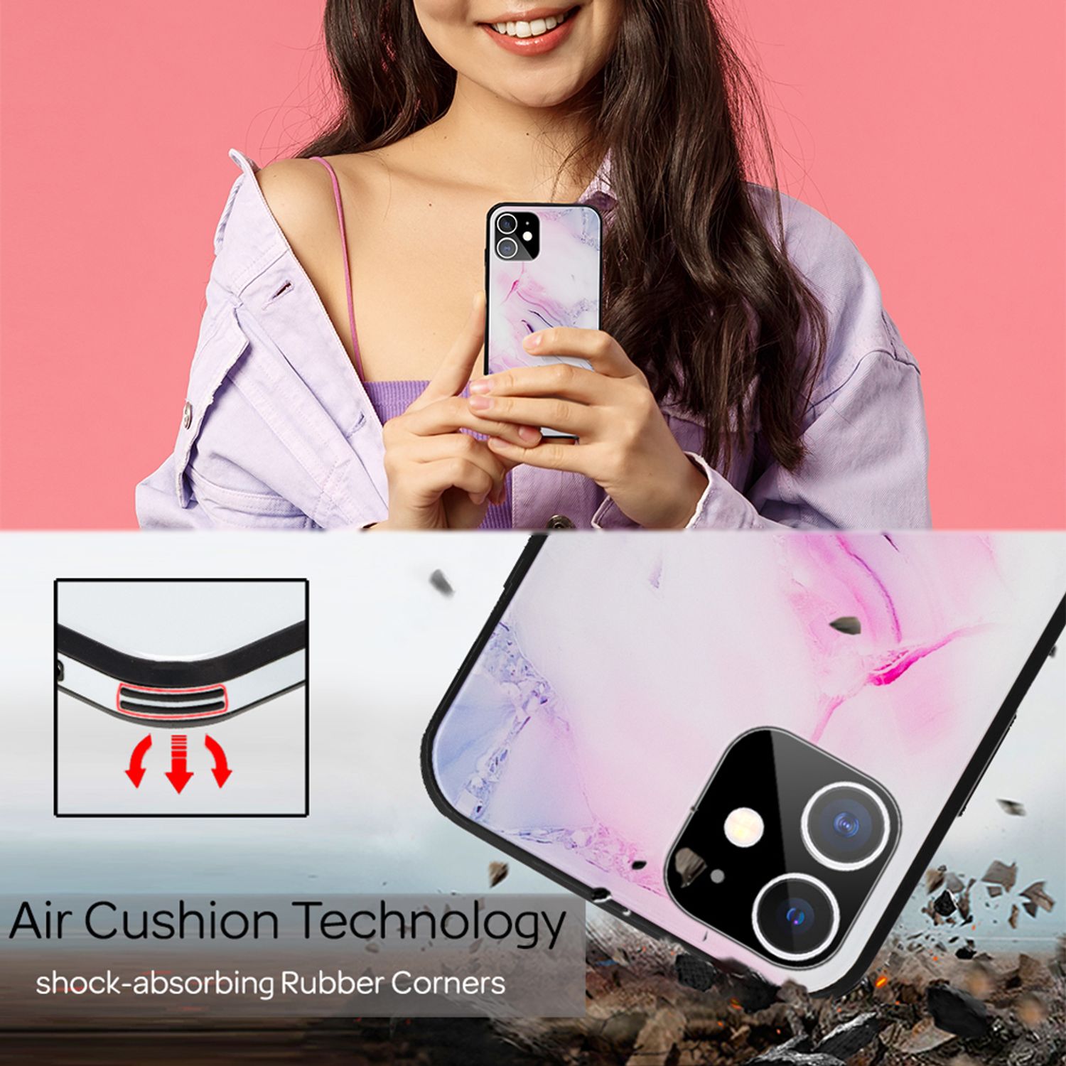 NALIA Marmor Case für iPhone 12 mini, 9H Glas Cover Handy Hülle Schutz Kratzfest Pink Blau NALIA Protective Hülle