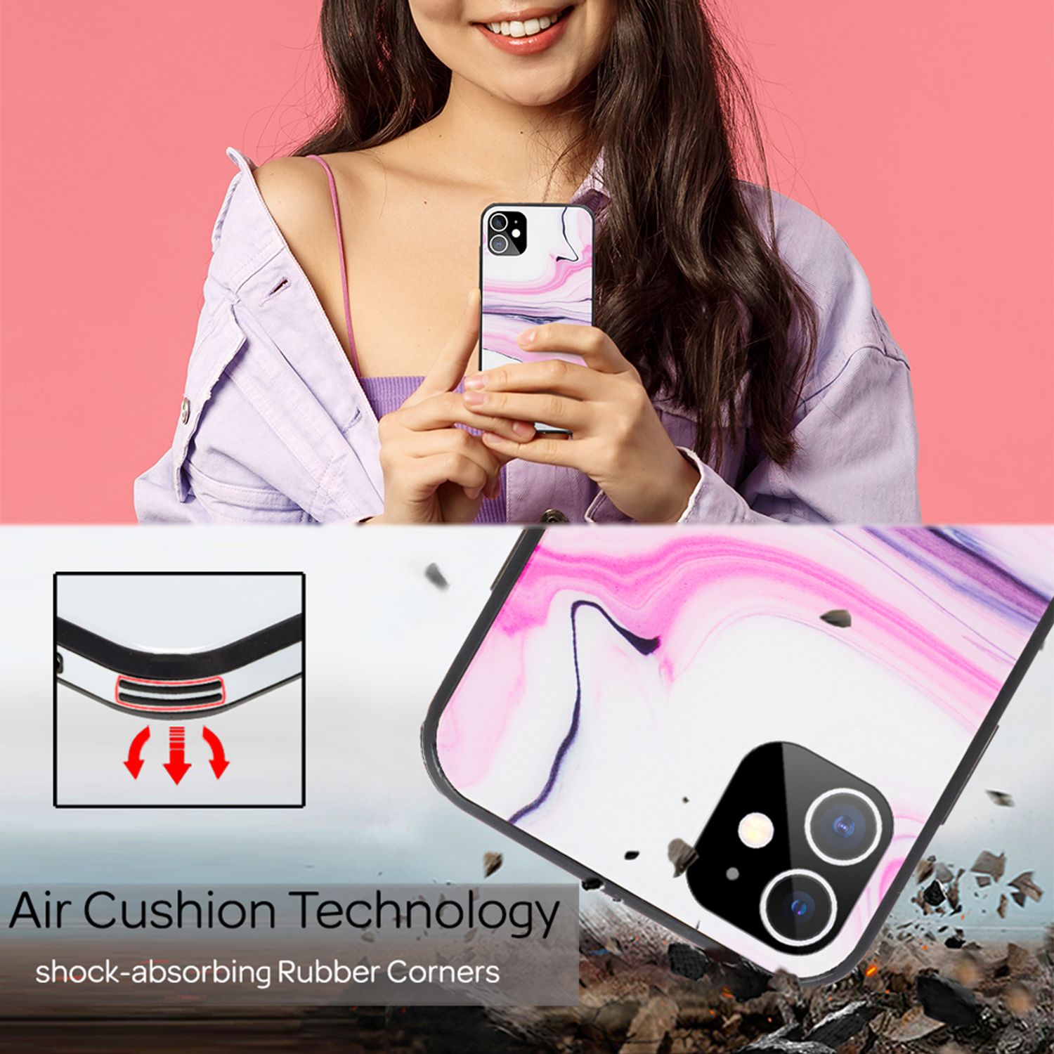 NALIA Marmor Case für iPhone 12 mini, 9H Glas Cover Handy Hülle Schutz Kratzfest Pink Lila NALIA Protective Hülle