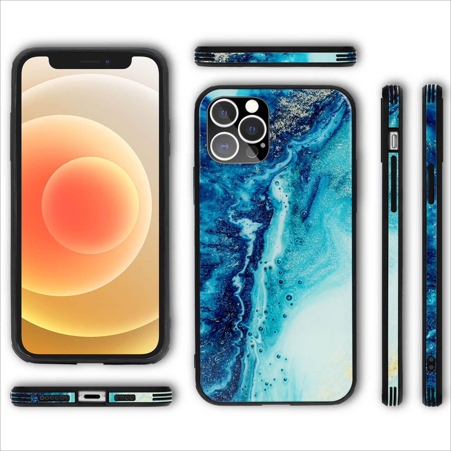 NALIA Marmor Case für iPhone 12 Pro Max, 9H Glas Cover Handy Hülle Schutz Tasche Blau Türkis NALIA Protective Hülle
