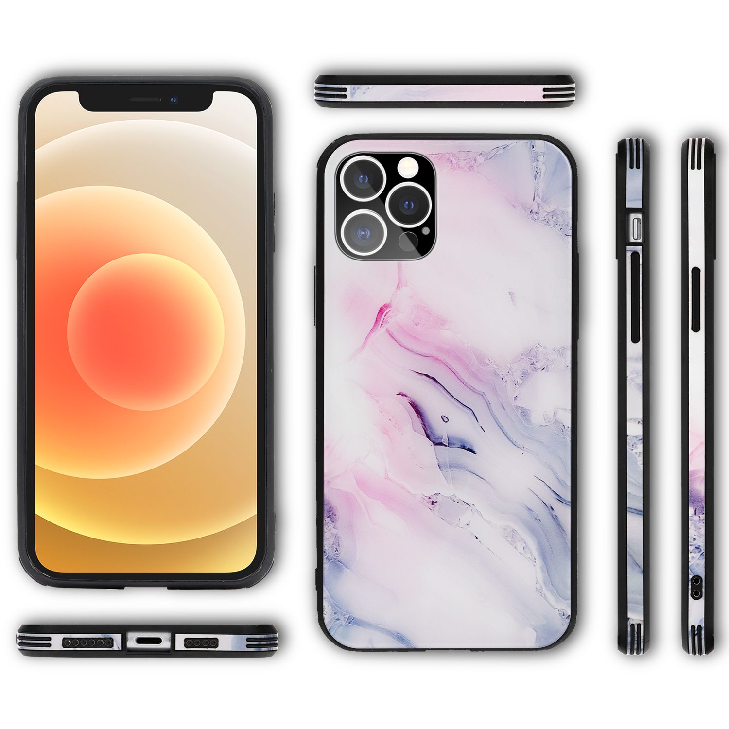 NALIA Marmor Case für iPhone 12 Pro Max, 9H Glas Cover Handy Hülle Schutz Tasche Pink Blau NALIA Protective Hülle