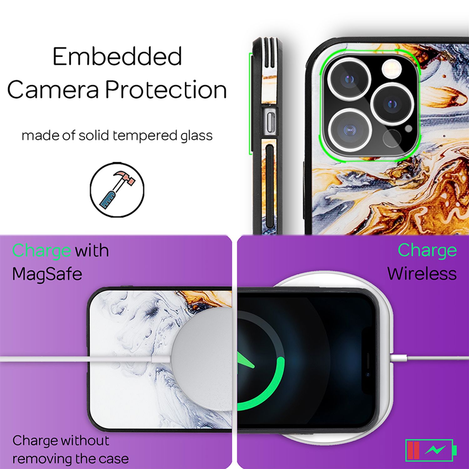 NALIA Marmor Case für iPhone 12 Pro Max, 9H Glas Cover Handy Hülle Schutz Tasche Gold Grau NALIA Protective Hülle