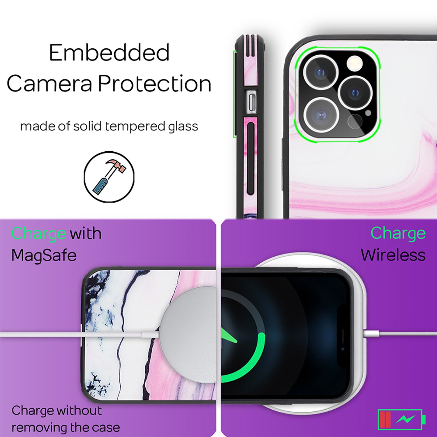 NALIA Marmor Case für iPhone 12 Pro Max, 9H Glas Cover Handy Hülle Schutz Tasche Pink Lila NALIA Protective Hülle