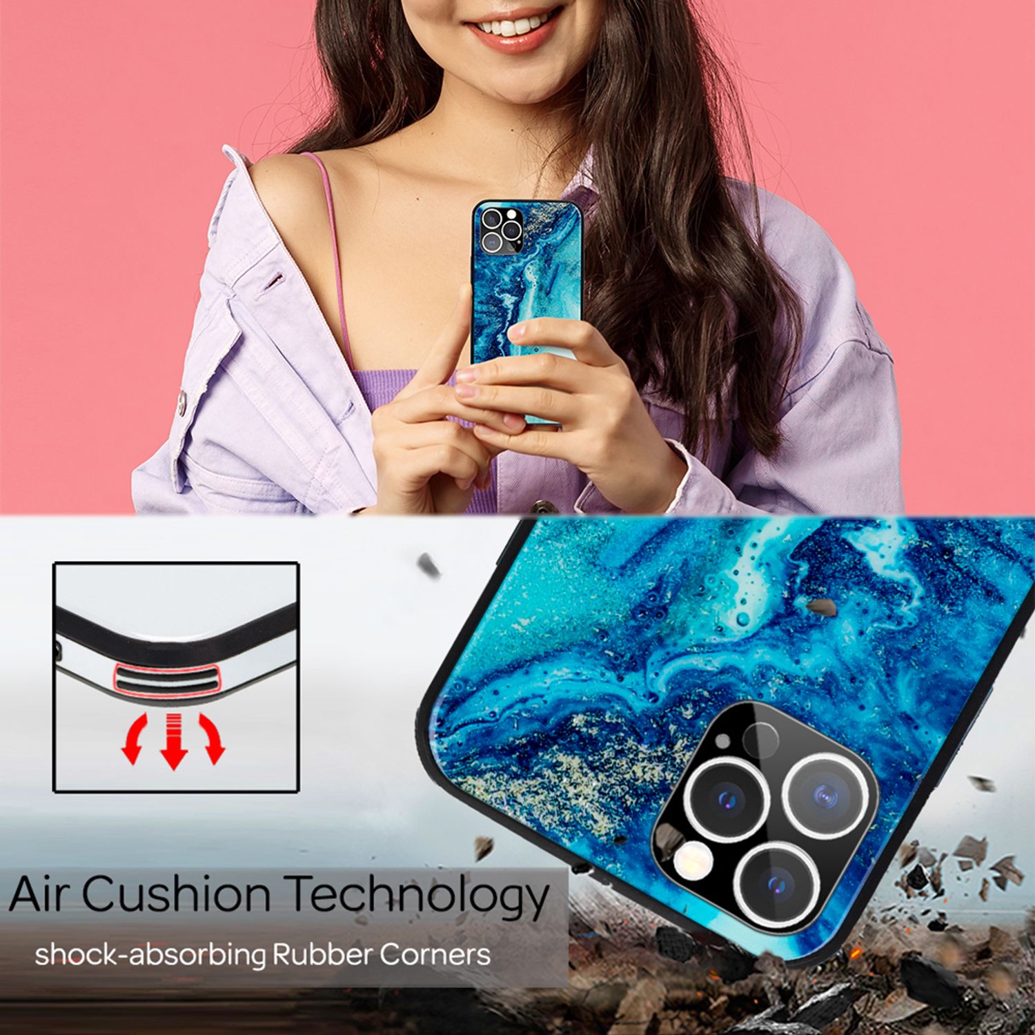 NALIA Marmor Case für iPhone 12 Pro Max, 9H Glas Cover Handy Hülle Schutz Tasche Blau Türkis NALIA Protective Hülle