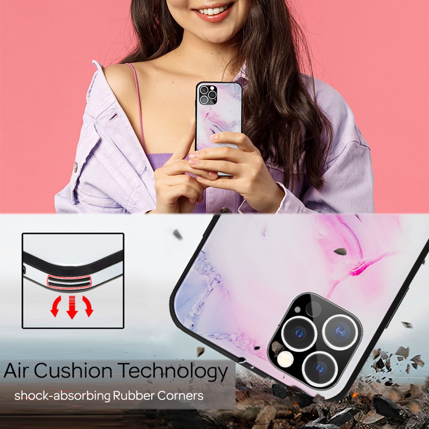 NALIA Marmor Case für iPhone 12 Pro Max, 9H Glas Cover Handy Hülle Schutz Tasche Pink Blau NALIA Protective Hülle