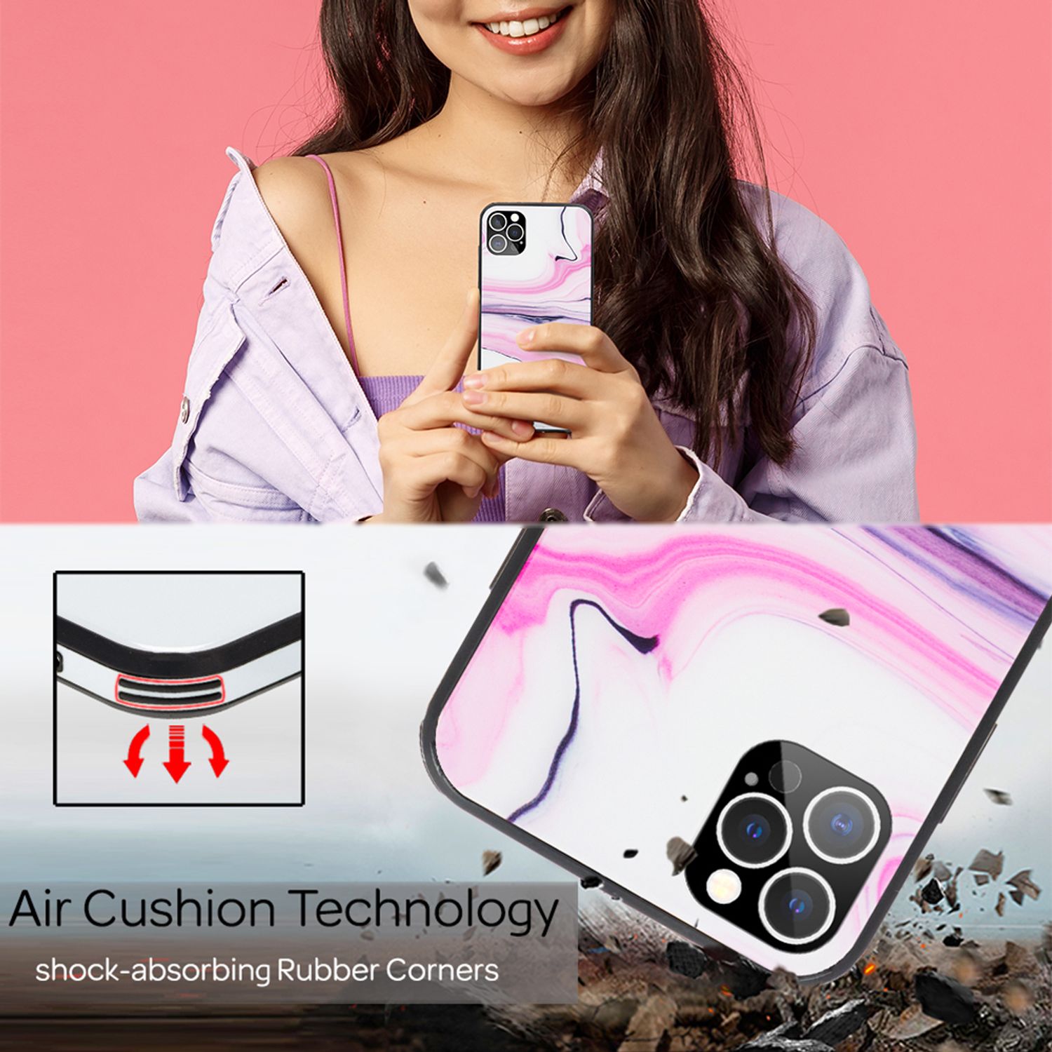 NALIA Marmor Case für iPhone 12 Pro Max, 9H Glas Cover Handy Hülle Schutz Tasche Pink Lila NALIA Protective Hülle