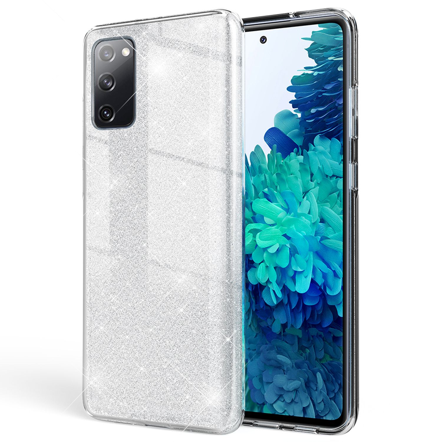 NALIA Glitzer Handyhülle für Samsung Galaxy S20 FE, Bling Handy Cover Schutz Case TPU Silber NALIA Protective Hülle
