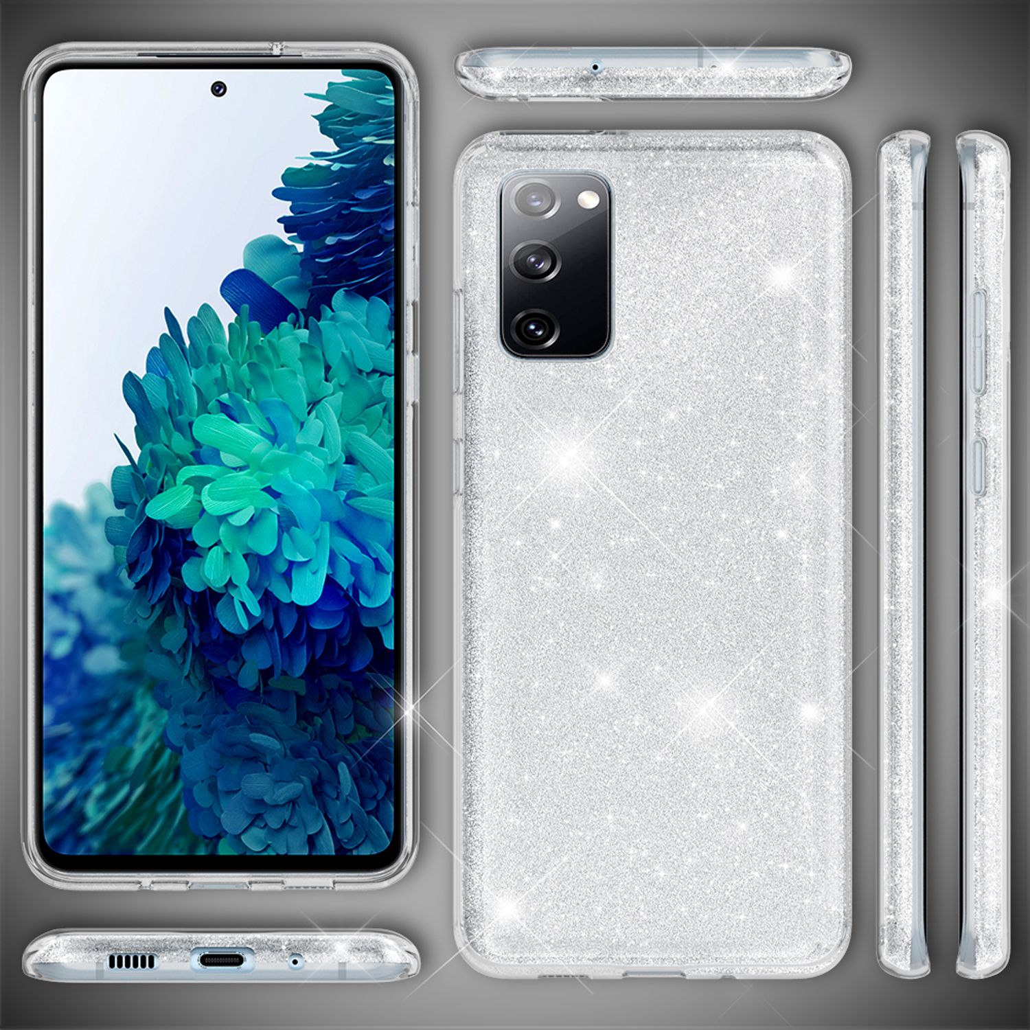 NALIA Glitzer Handyhülle für Samsung Galaxy S20 FE, Bling Handy Cover Schutz Case TPU Silber NALIA Protective Hülle