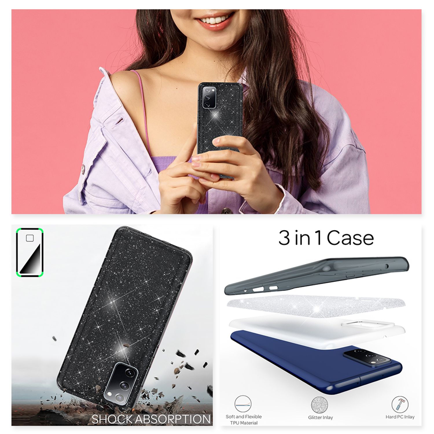 NALIA Glitzer Handyhülle für Samsung Galaxy S20 FE, Bling Handy Cover Schutz Case TPU Schwarz NALIA Protective Hülle