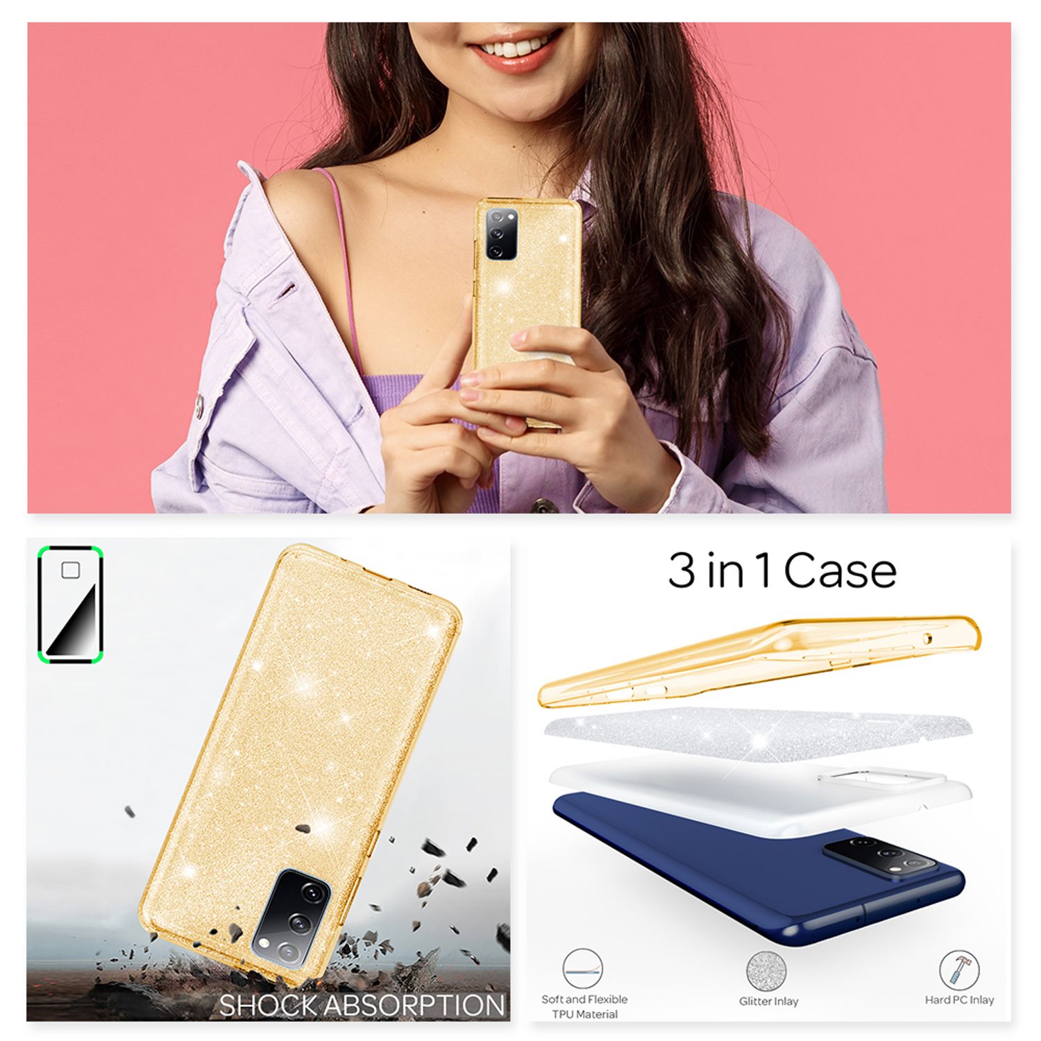 NALIA Glitzer Handyhülle für Samsung Galaxy S20 FE, Bling Handy Cover Schutz Case TPU Gold NALIA Protective Hülle