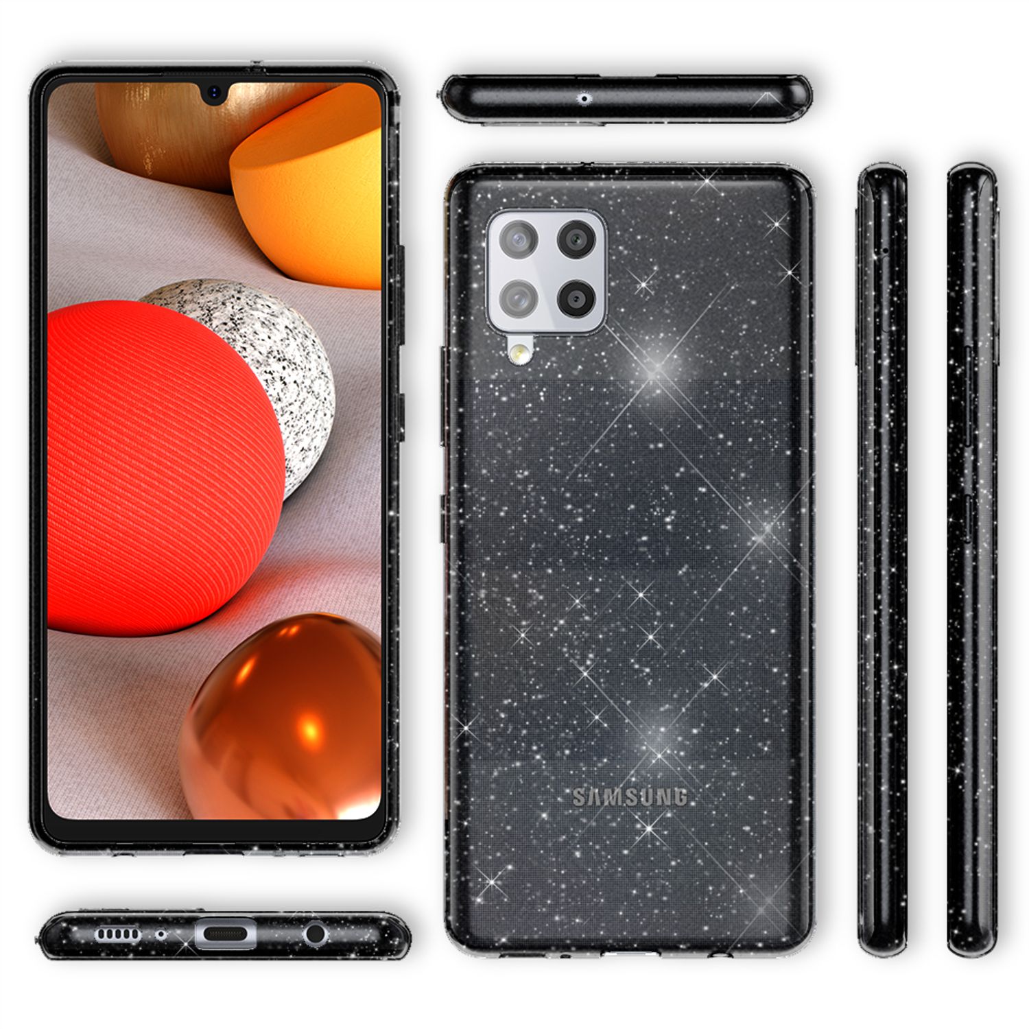 NALIA Klare Glitzer Hülle für Samsung Galaxy A42 5G, Bling Handy Case Cover Etui Schwarz NALIA Transparente Hülle