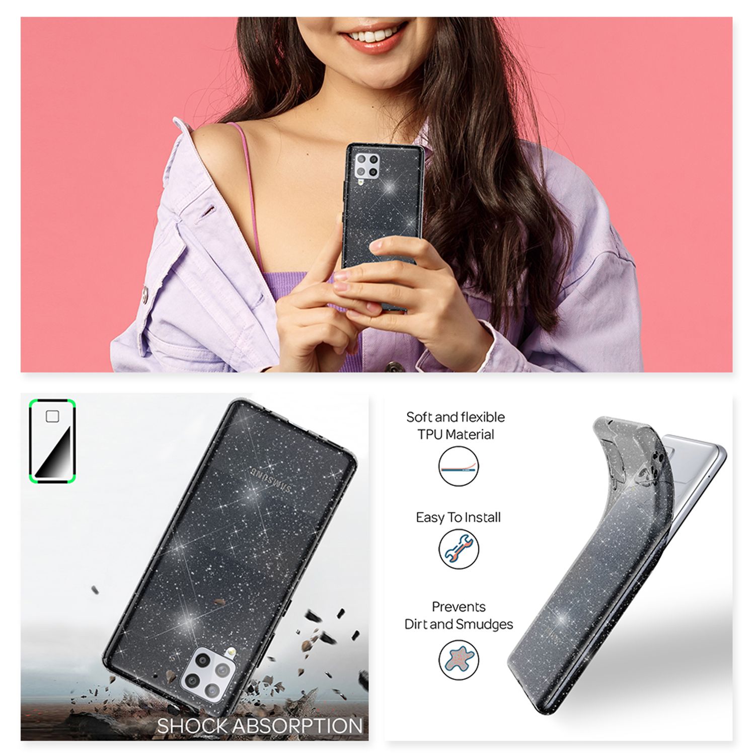 NALIA Klare Glitzer Hülle für Samsung Galaxy A42 5G, Bling Handy Case Cover Etui Schwarz NALIA Transparente Hülle