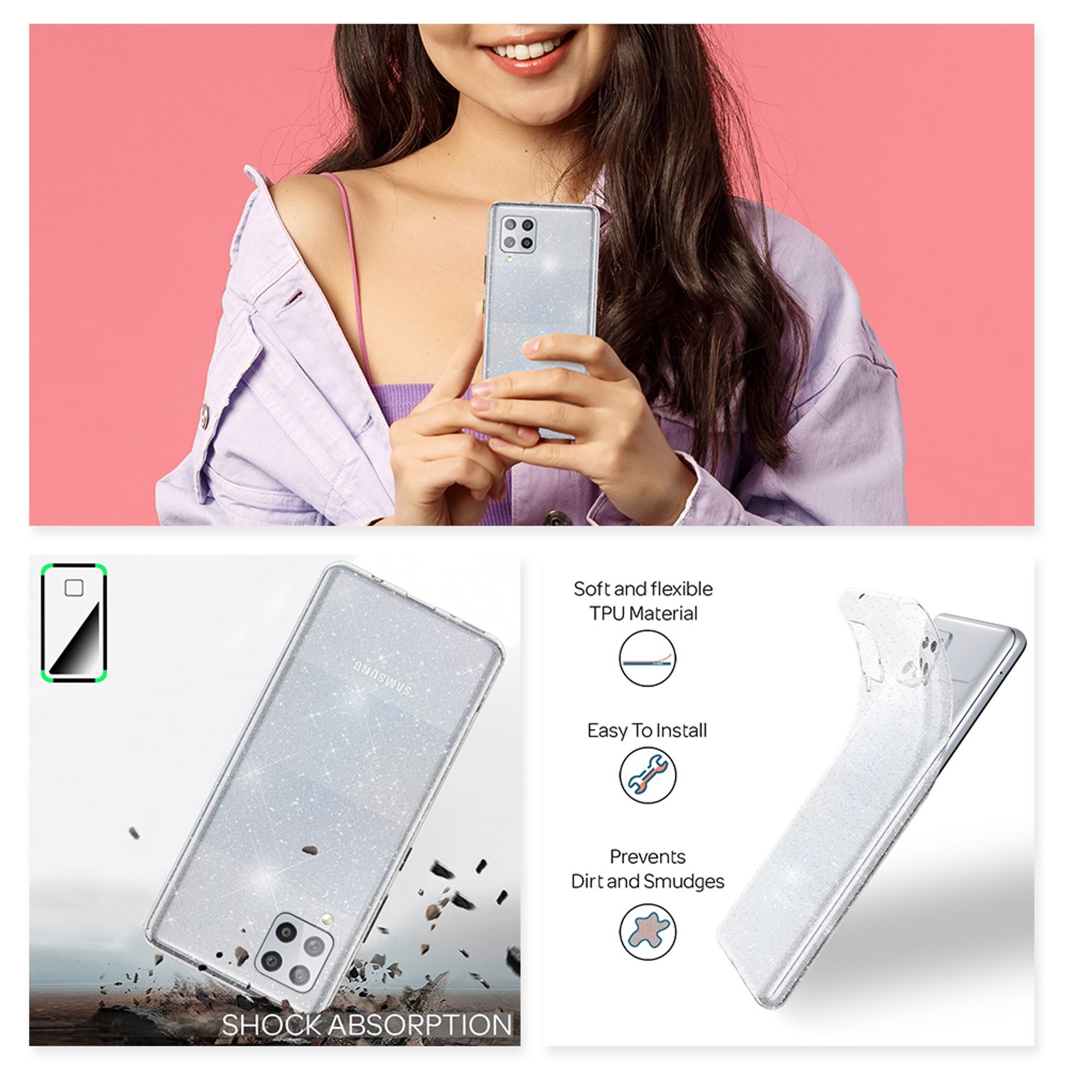 NALIA Klare Glitzer Hülle für Samsung Galaxy A42 5G, Bling Handy Case Cover Etui Transparent NALIA Transparente Hülle