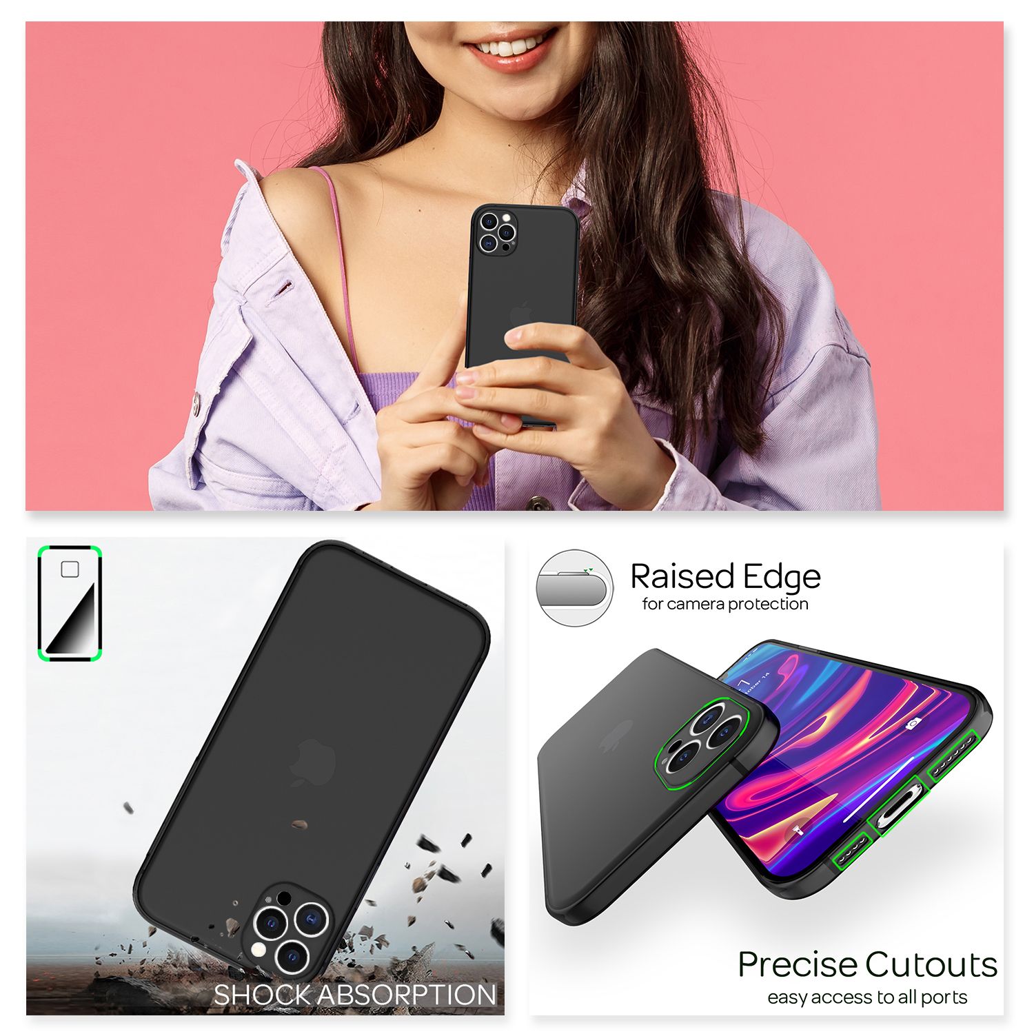 NALIA Hardcase iPhone 12 Pro matt transparent stoßfest Schwarz NALIA SlimFit Hülle