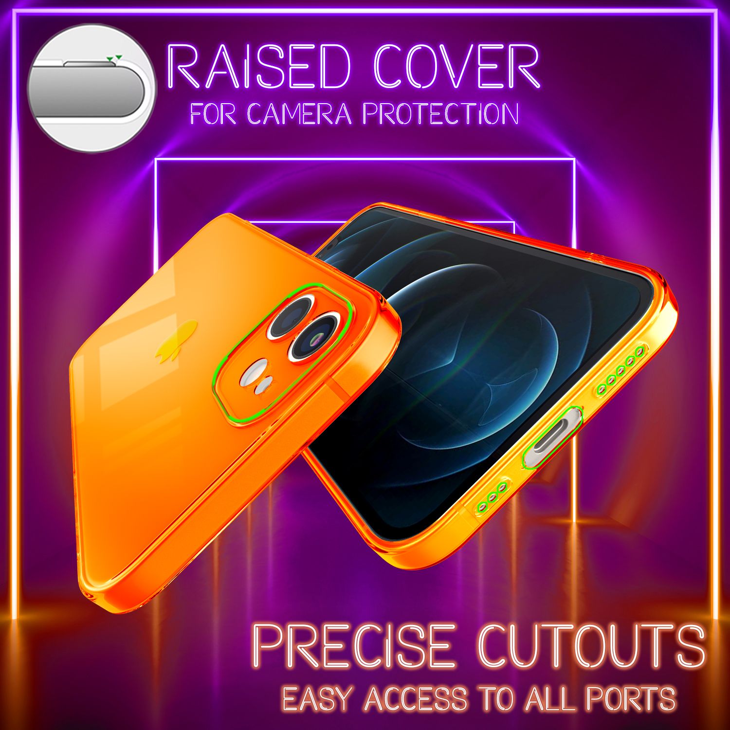 NALIA Klare Neon Handy Hülle für iPhone 12, Bunt Durchsichtig Schutz Case Cover Orange NALIA Neon Hülle