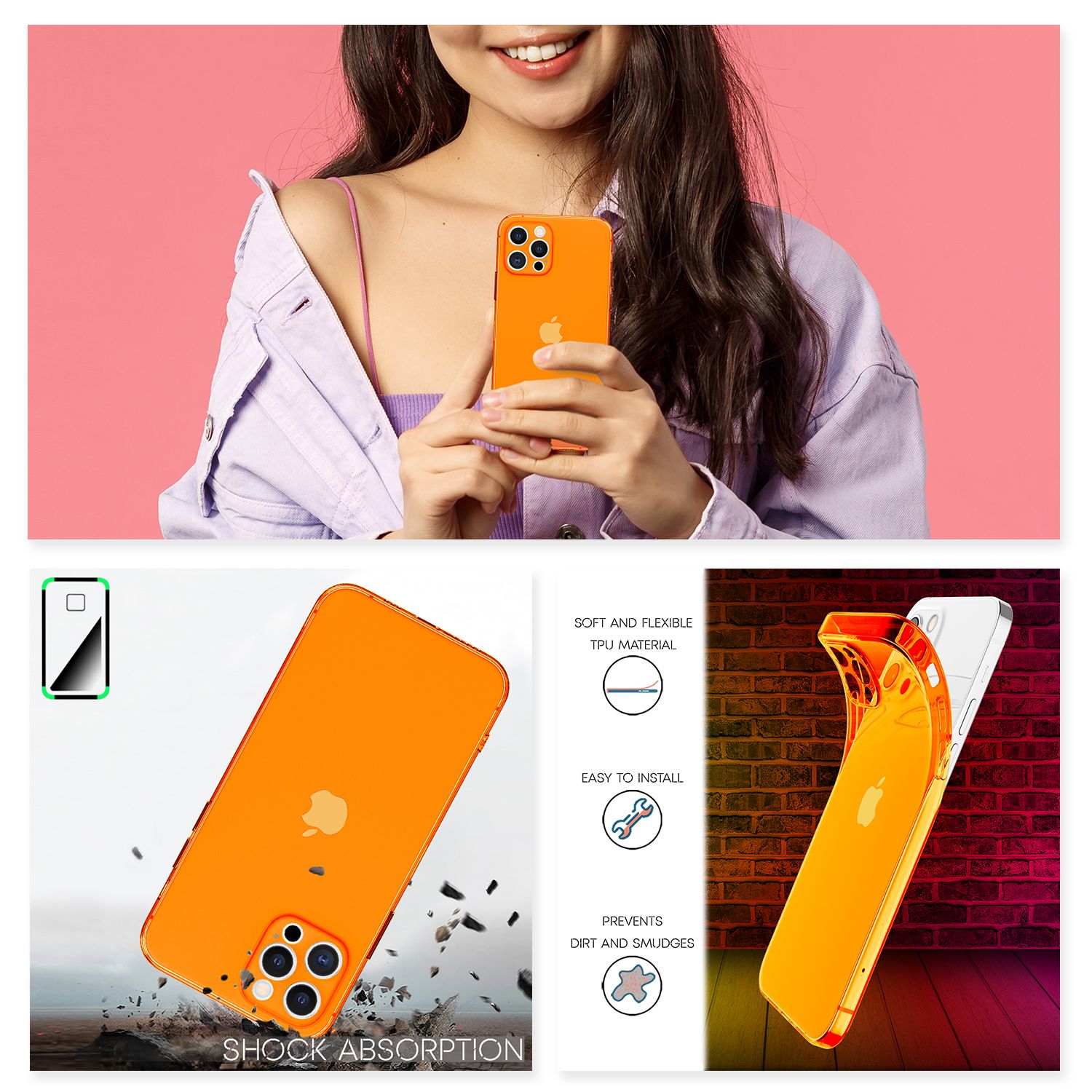 NALIA Klare Neon Handy Hülle für iPhone 12 Pro, Bunt Durchsichtig Case Cover TPU Orange NALIA Neon Hülle