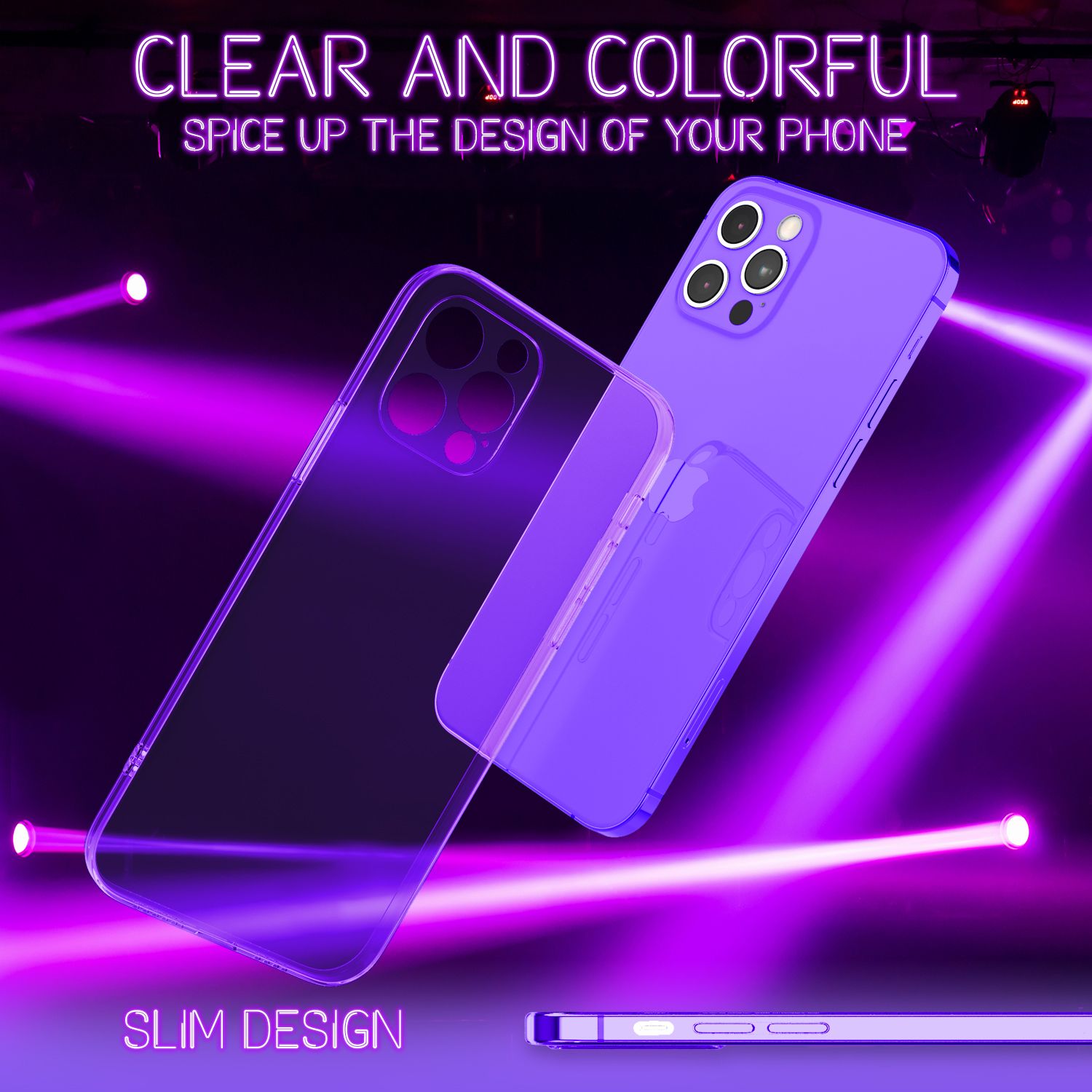 NALIA Klare Neon Handy Hülle für iPhone 12 Pro Max, Bunt Durchsichtig Cover Case Lila NALIA Transparente Hülle