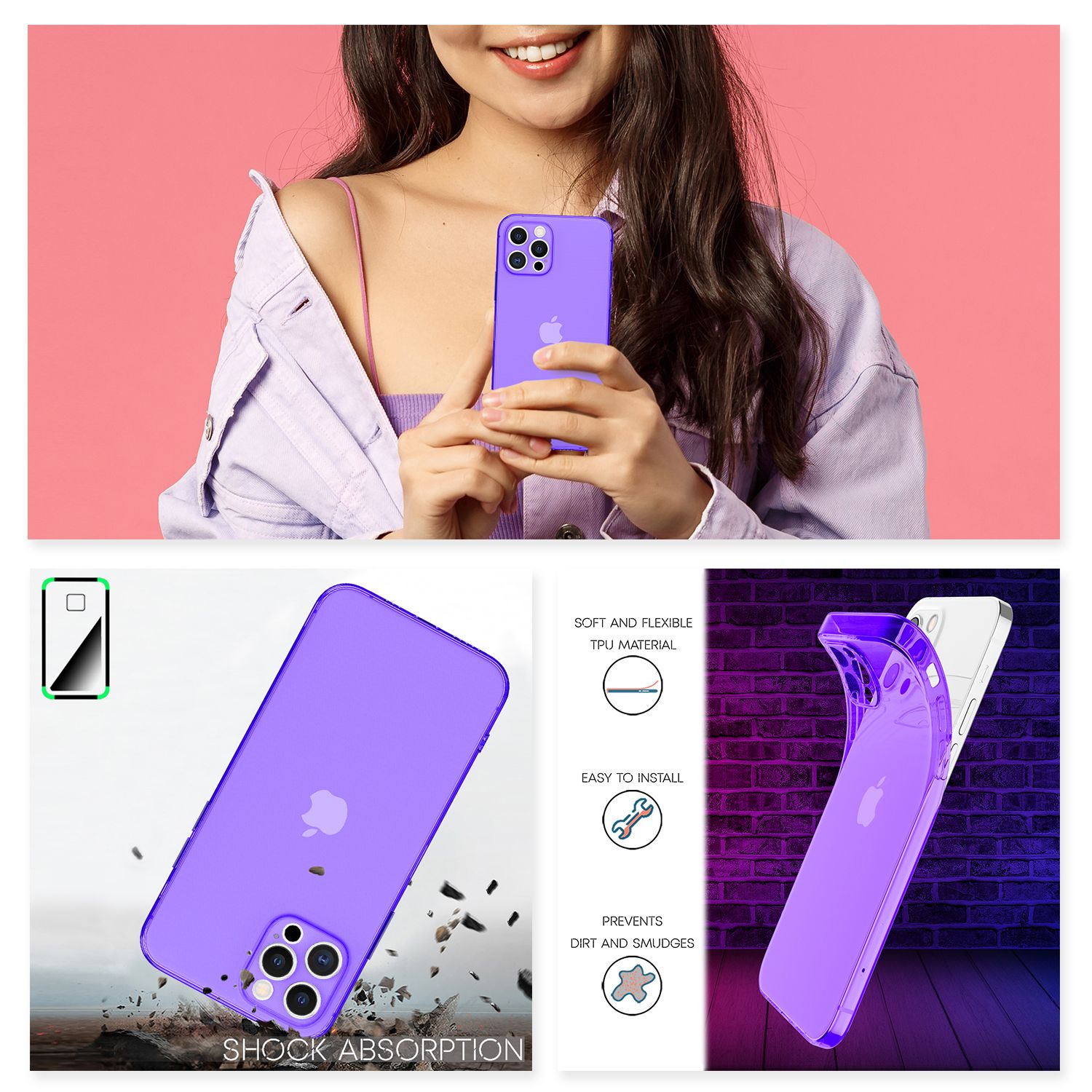 NALIA Klare Neon Handy Hülle für iPhone 12 Pro Max, Bunt Durchsichtig Cover Case Lila NALIA Transparente Hülle