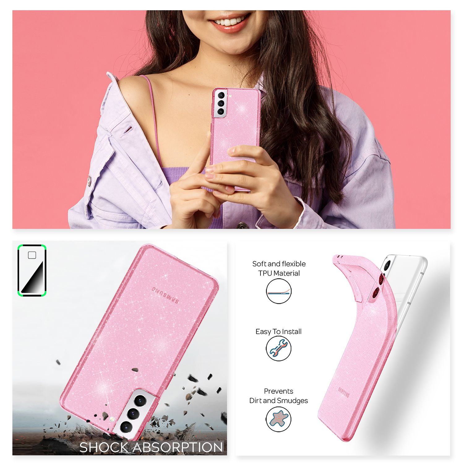 NALIA Glitzer Handy Hülle für Samsung Galaxy S21, Glitzer Handyhülle Cover Schutz Etui Pink NALIA Transparente Hülle