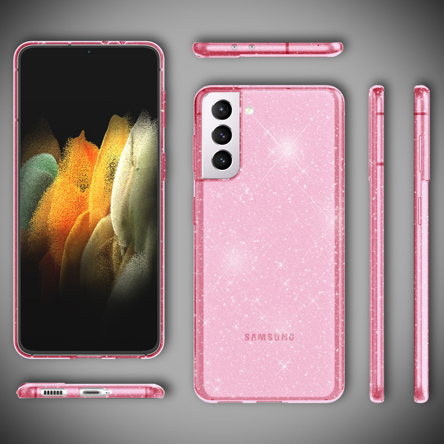 NALIA Glitzer Handy Hülle für Samsung Galaxy S21, Glitzer Handyhülle Cover Schutz Etui Pink NALIA Transparente Hülle