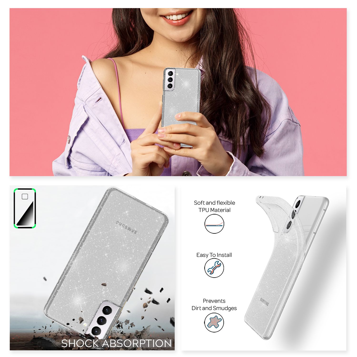 NALIA Glitzer Handy Hülle für Samsung Galaxy S21 Plus, Glitzer Handyhülle Cover Schutz Transparent NALIA Transparente Hülle