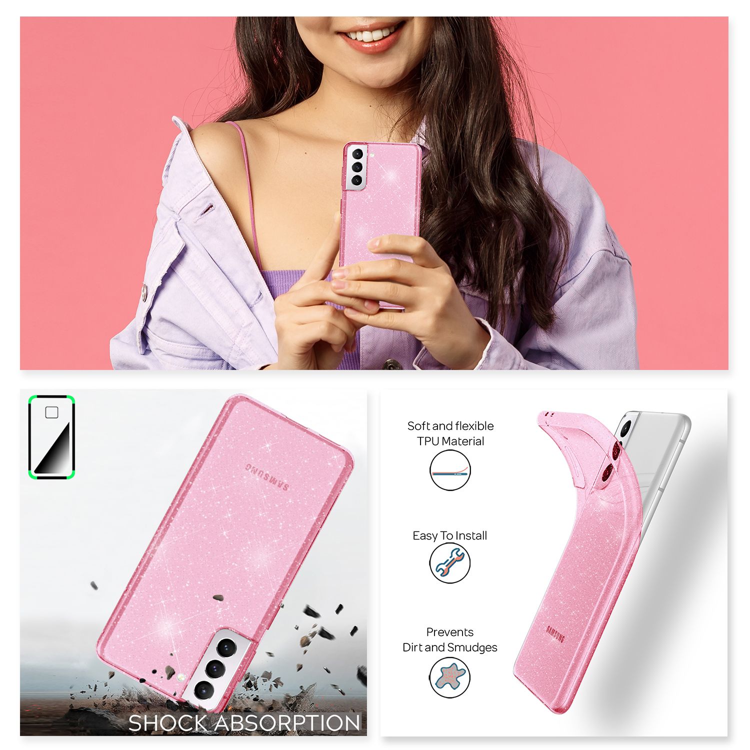 NALIA Glitzer Handy Hülle für Samsung Galaxy S21 Plus, Glitzer Handyhülle Cover Schutz Pink NALIA Transparente Hülle