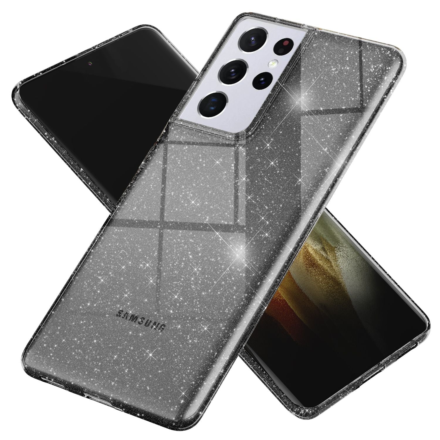 NALIA Glitzer Handy Hülle für Samsung Galaxy S21 Ultra, Case Cover Schutz Etui Schwarz NALIA Transparente Hülle