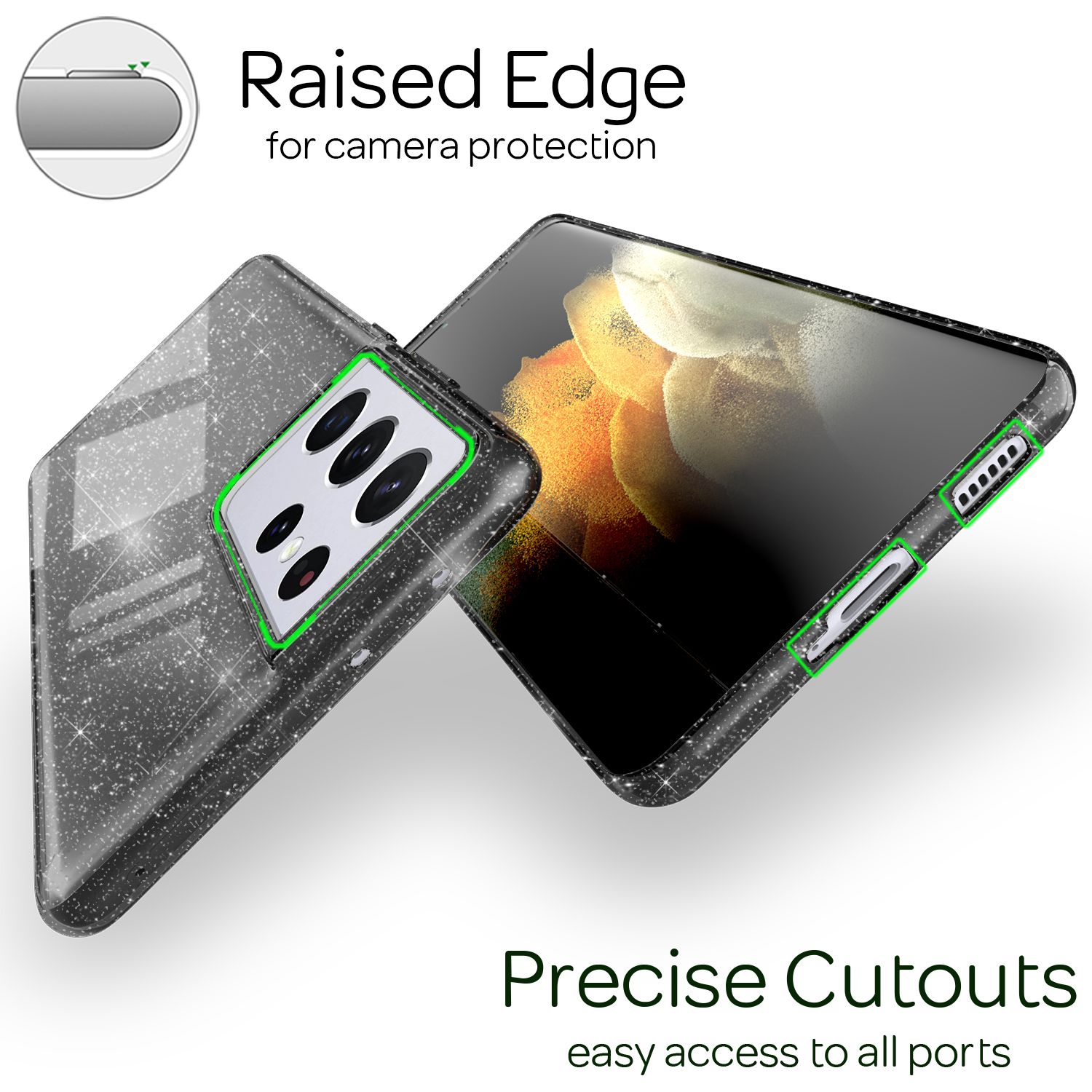 NALIA Glitzer Handy Hülle für Samsung Galaxy S21 Ultra, Case Cover Schutz Etui Schwarz NALIA Transparente Hülle