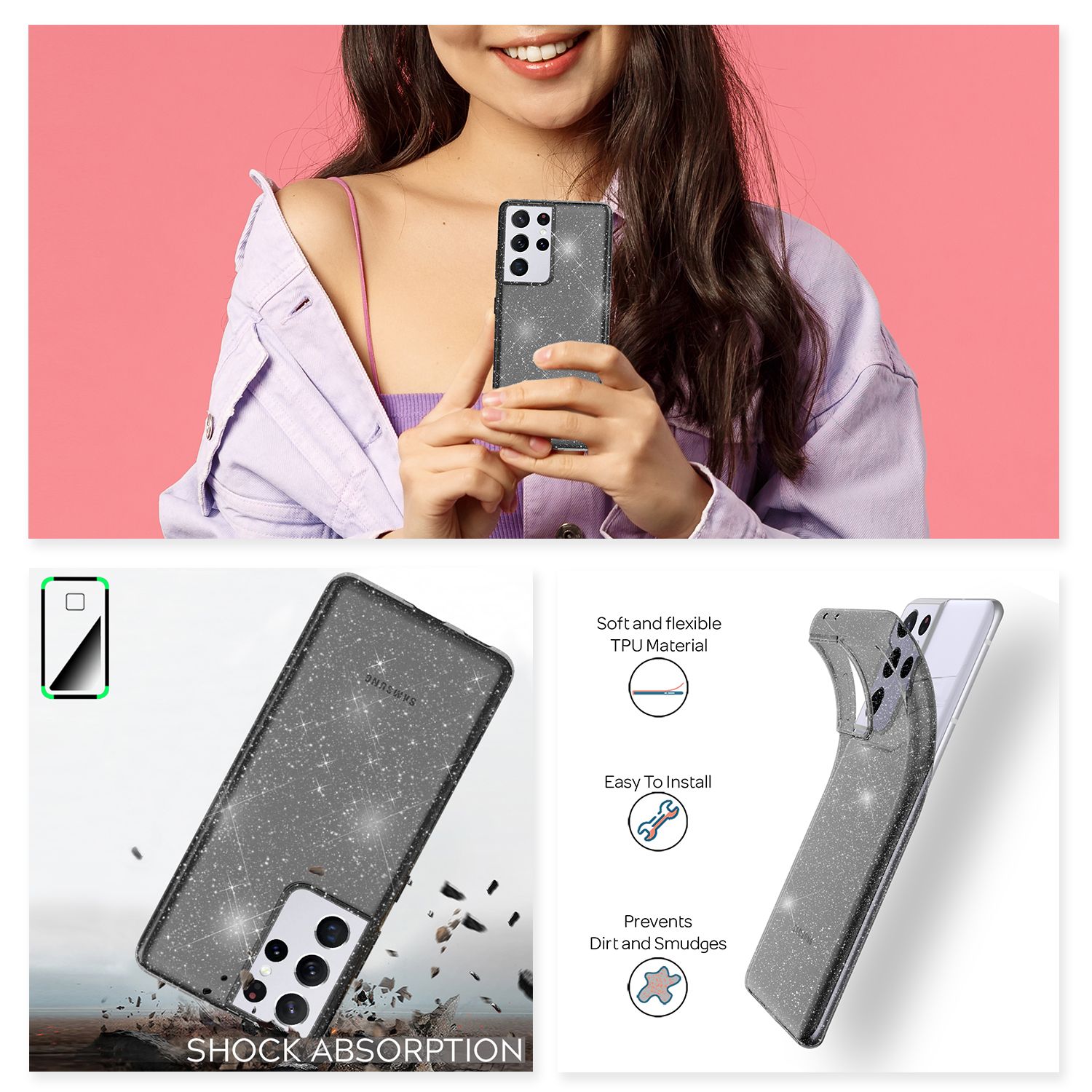 NALIA Glitzer Handy Hülle für Samsung Galaxy S21 Ultra, Case Cover Schutz Etui Schwarz NALIA Transparente Hülle