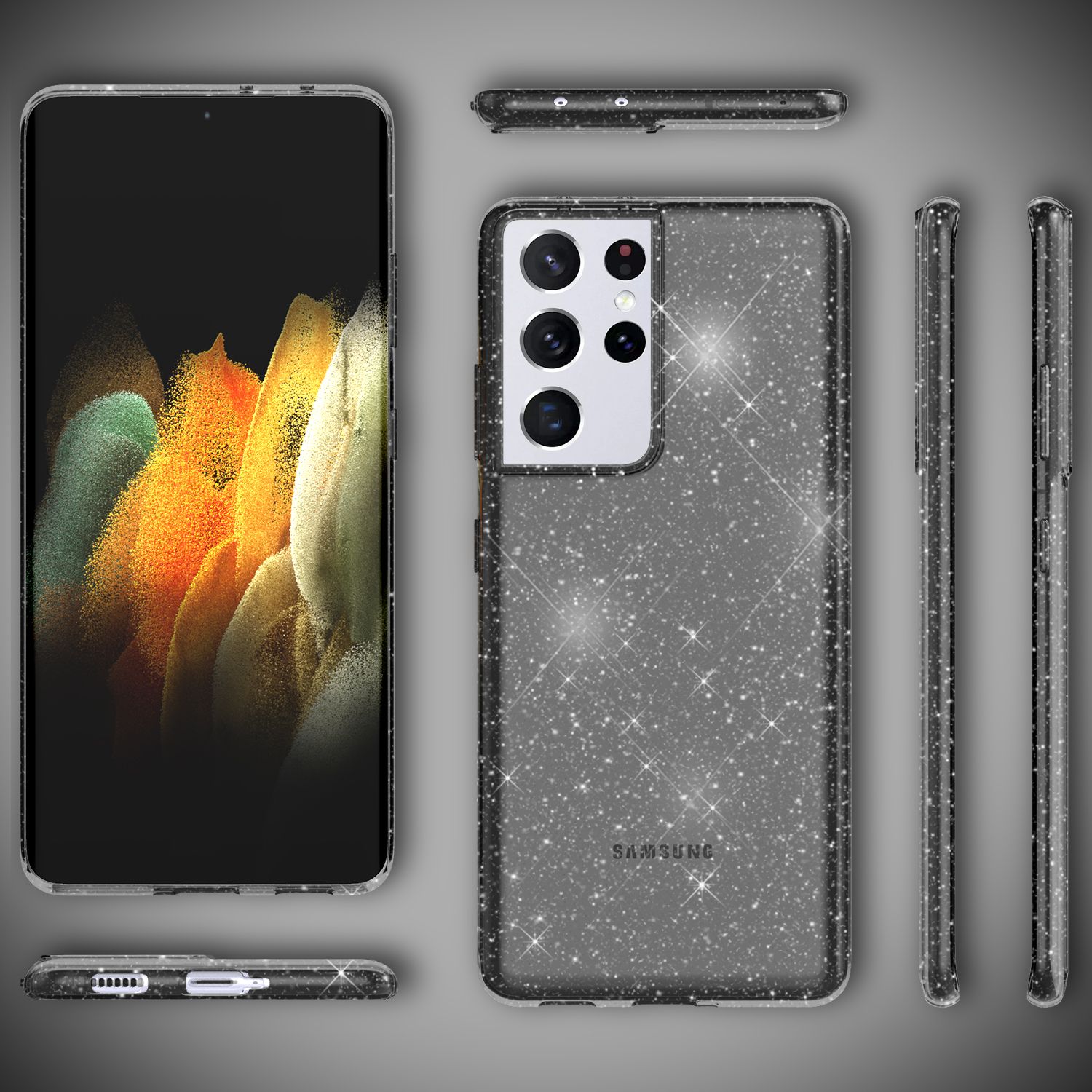NALIA Glitzer Handy Hülle für Samsung Galaxy S21 Ultra, Case Cover Schutz Etui Schwarz NALIA Transparente Hülle