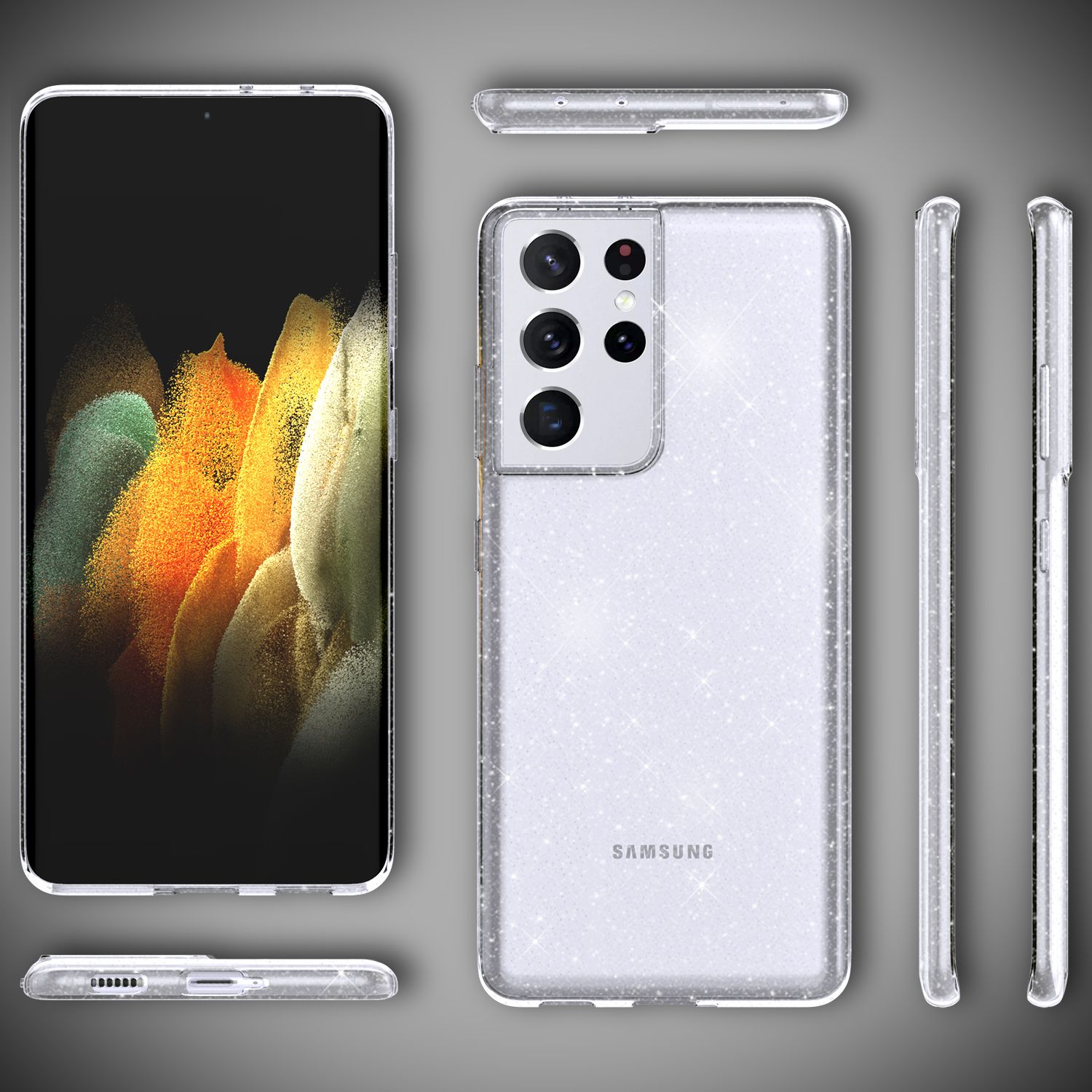 NALIA Glitzer Handy Hülle für Samsung Galaxy S21 Ultra, Case Cover Schutz Etui Transparent NALIA Transparente Hülle