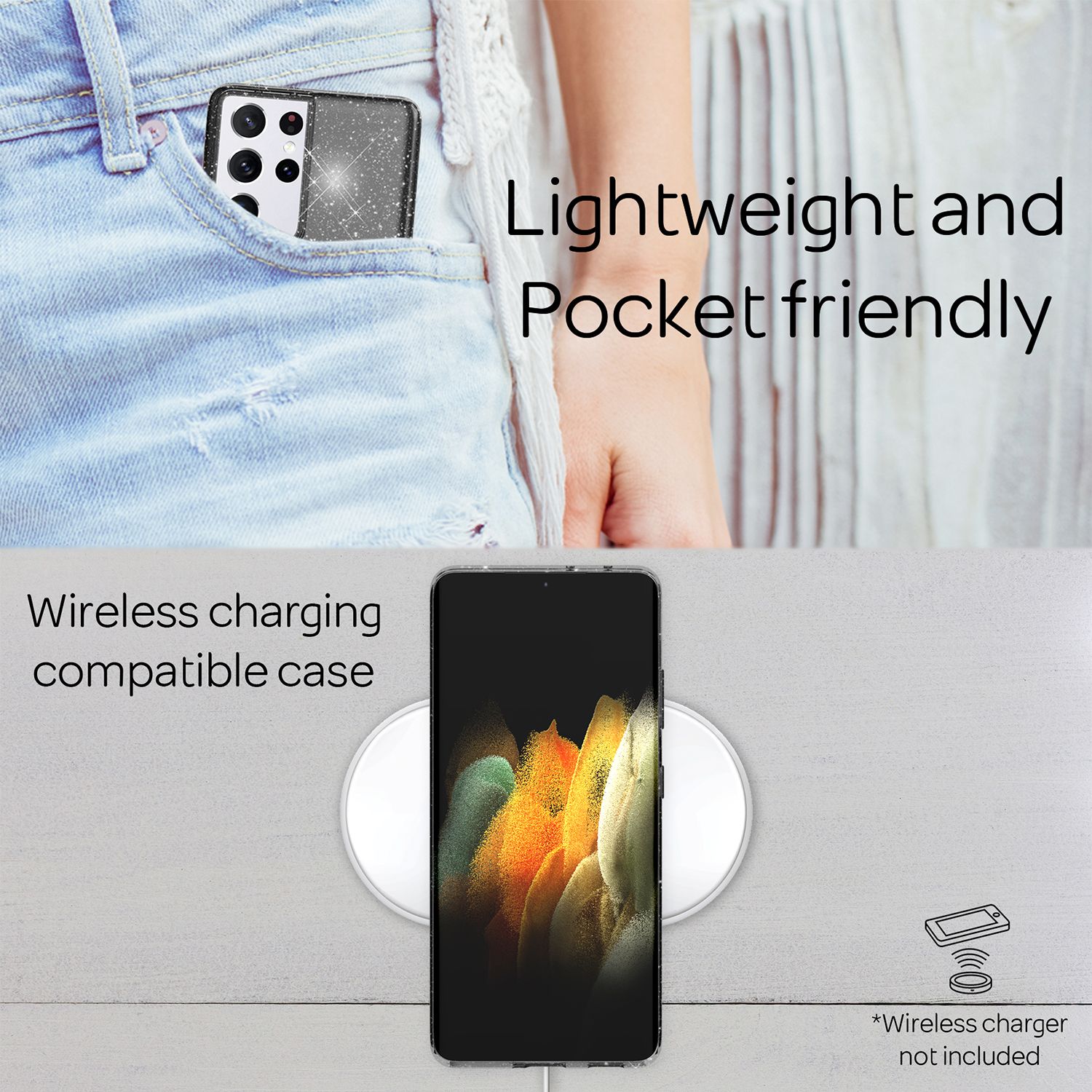 NALIA Glitzer Handy Hülle für Samsung Galaxy S21 Ultra, Case Cover Schutz Etui Schwarz NALIA Transparente Hülle