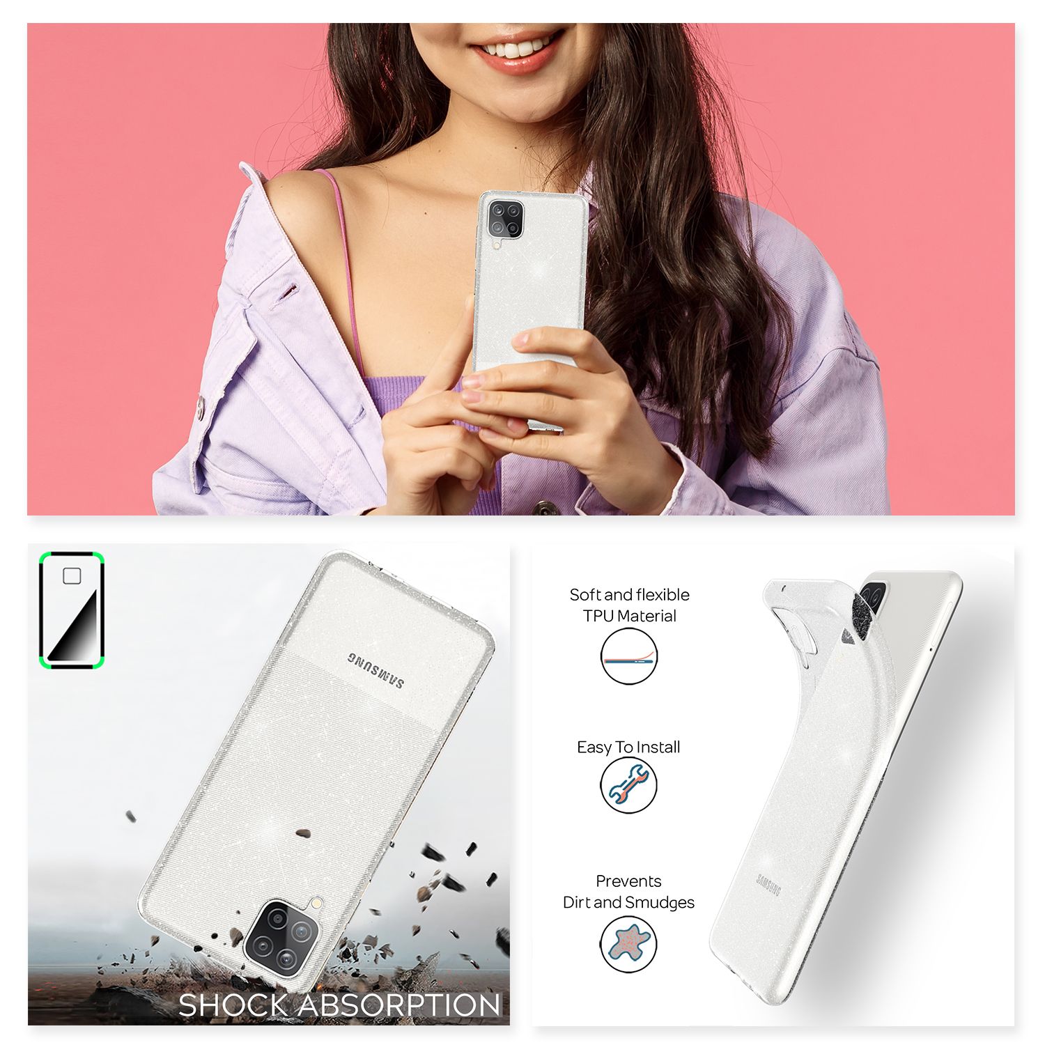 NALIA Glitzer Handy Hülle für Samsung Galaxy A12, Glitzer Handyhülle Cover Schutz Etui Transparent NALIA Transparente Hülle