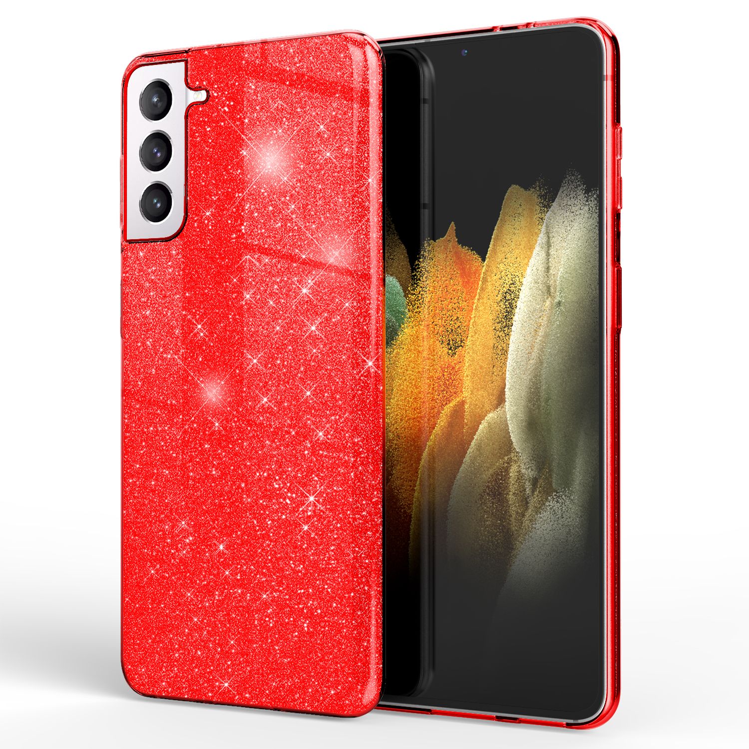 NALIA Glitzer Handy Hülle für Samsung Galaxy S21, Strass Diamant Back Cover Etui Rot NALIA Protective Hülle