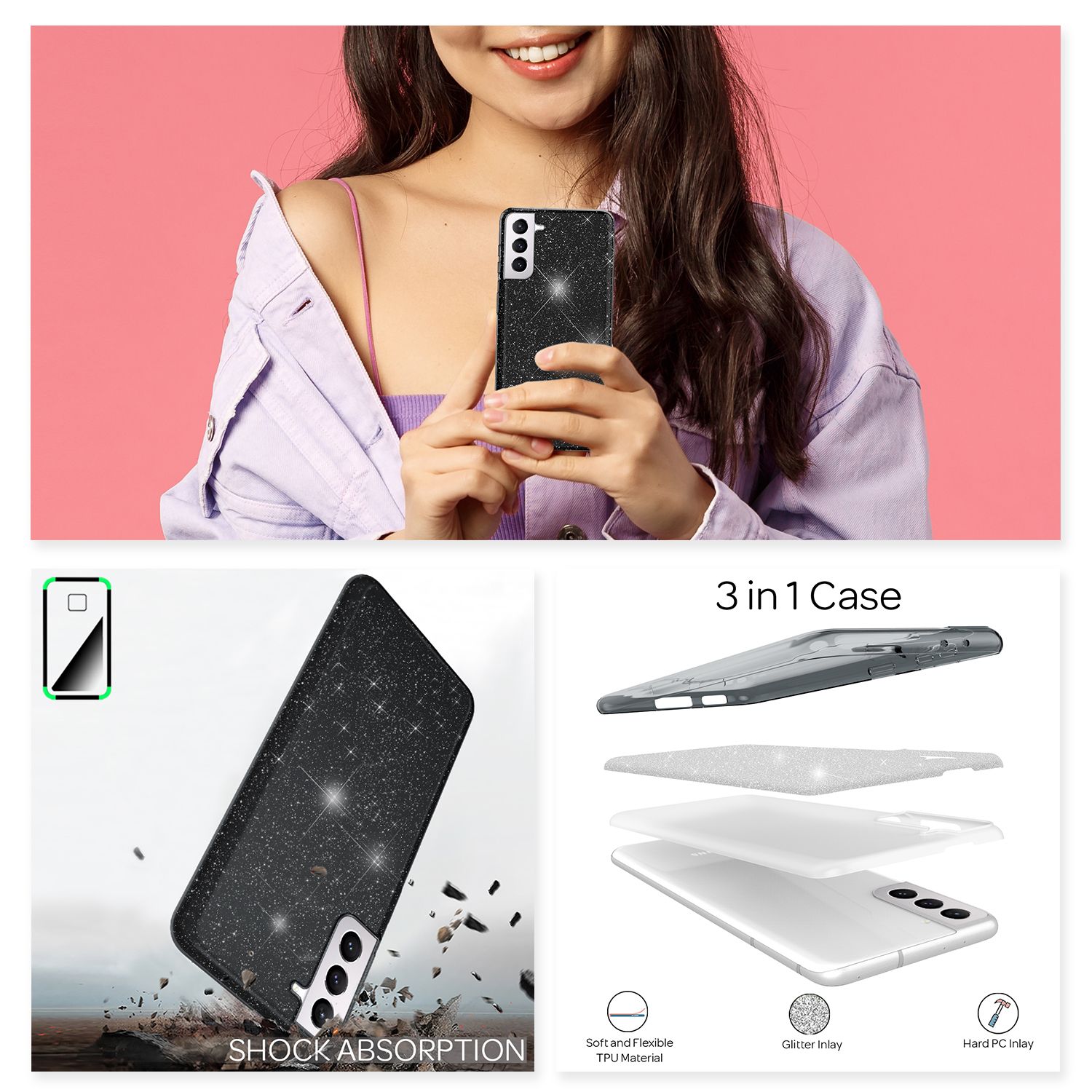 NALIA Glitzer Handy Hülle für Samsung Galaxy S21, Strass Diamant Back Cover Etui Schwarz NALIA Protective Hülle