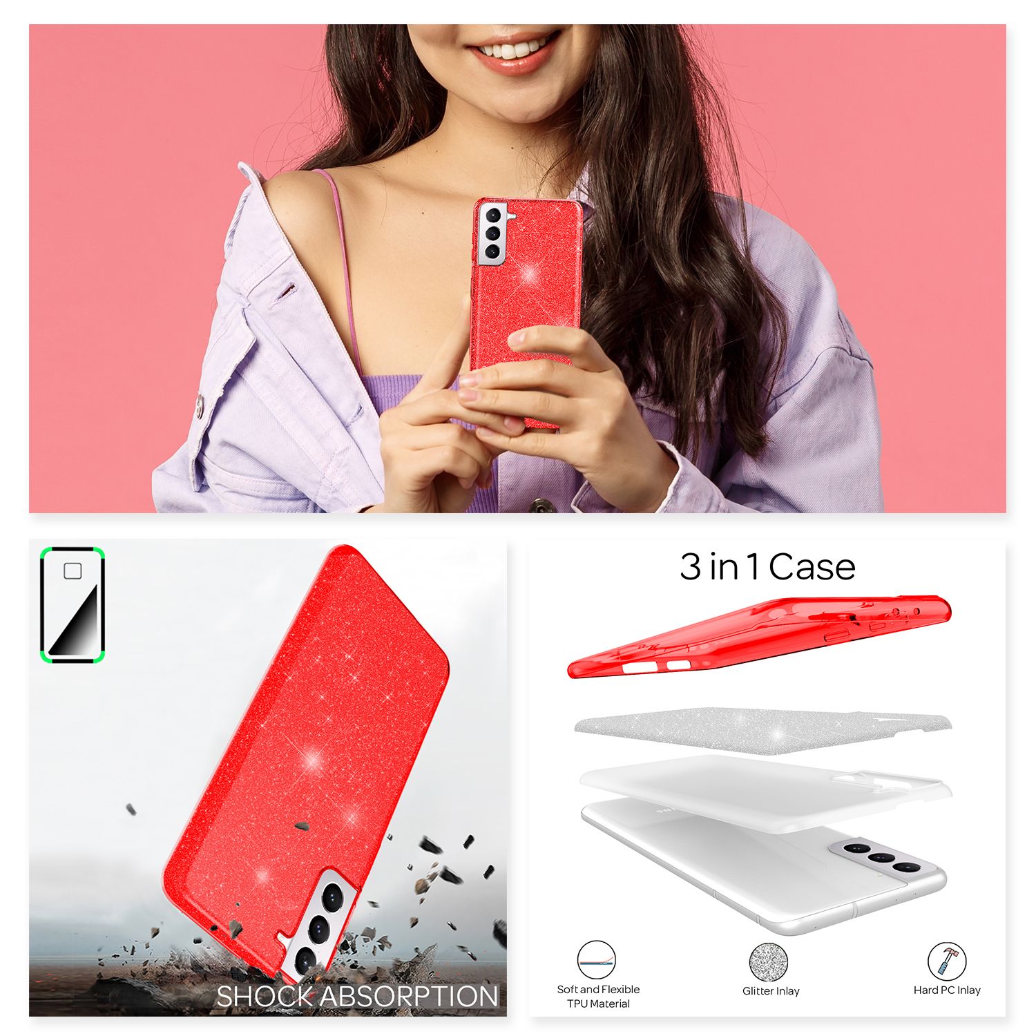 NALIA Glitzer Handy Hülle für Samsung Galaxy S21, Strass Diamant Back Cover Etui Rot NALIA Protective Hülle