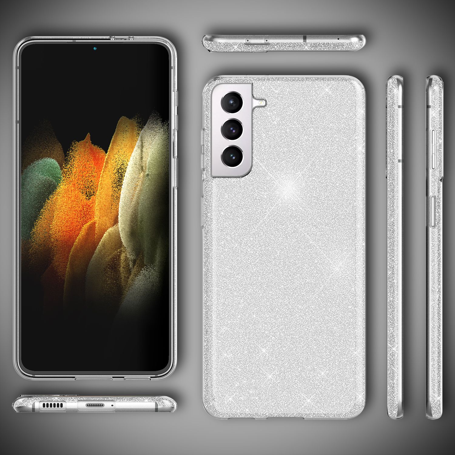 NALIA Glitzer Handy Hülle für Samsung Galaxy S21, Strass Diamant Back Cover Etui Silber NALIA Protective Hülle