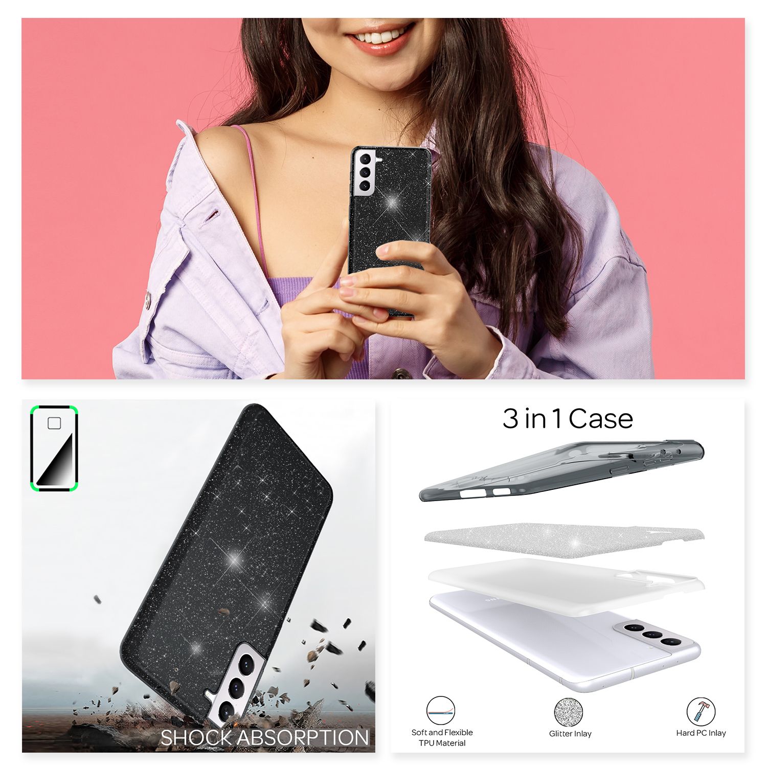 NALIA Glitzer Handy Hülle für Samsung Galaxy S21 Plus, Strass Diamant Back Cover