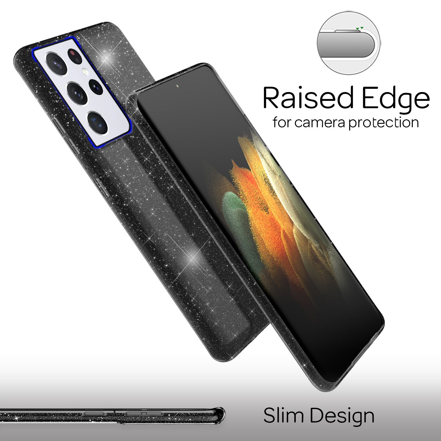 NALIA Glitzer Handy Hülle für Samsung Galaxy S21 Ultra, Diamant Cover Bling Case Schwarz NALIA Protective Hülle