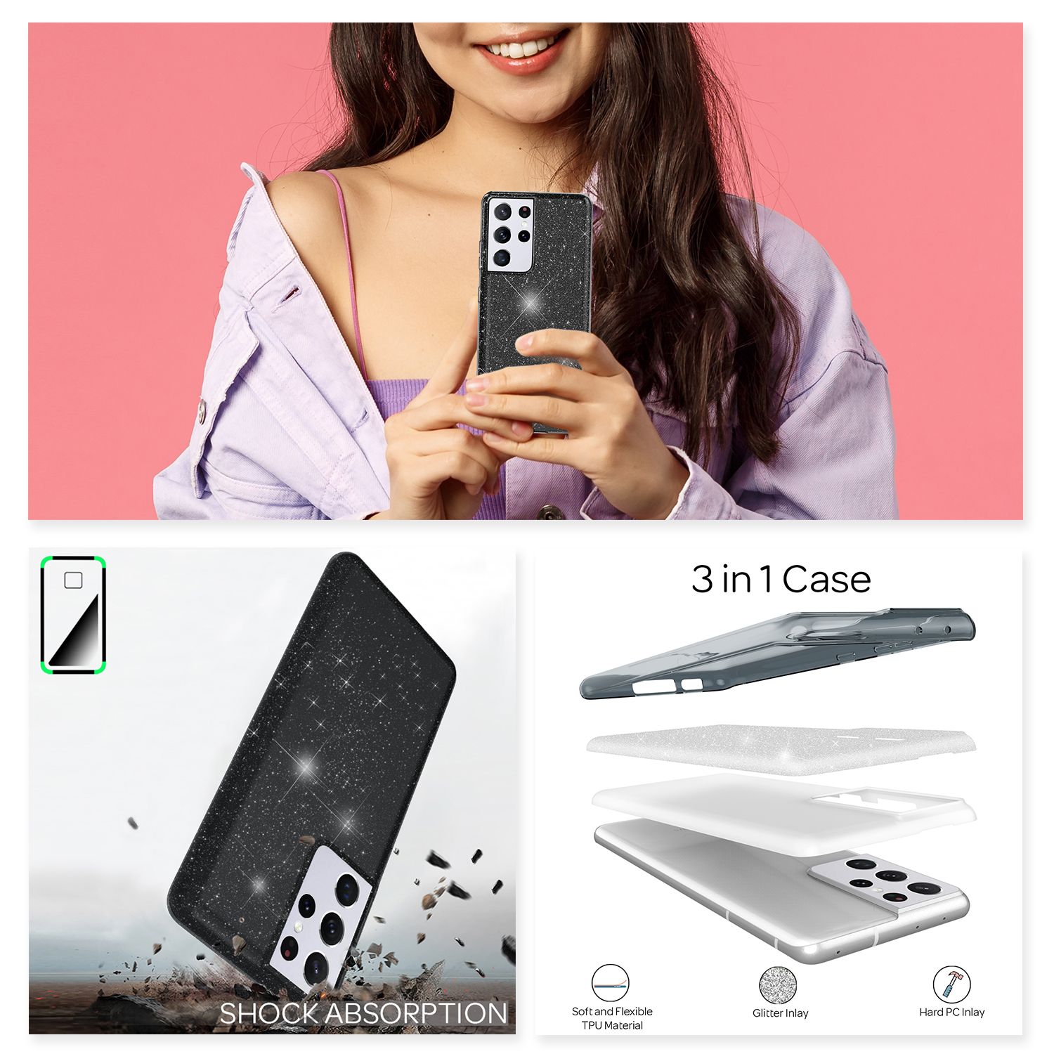 NALIA Glitzer Handy Hülle für Samsung Galaxy S21 Ultra, Diamant Cover Bling Case Schwarz NALIA Protective Hülle