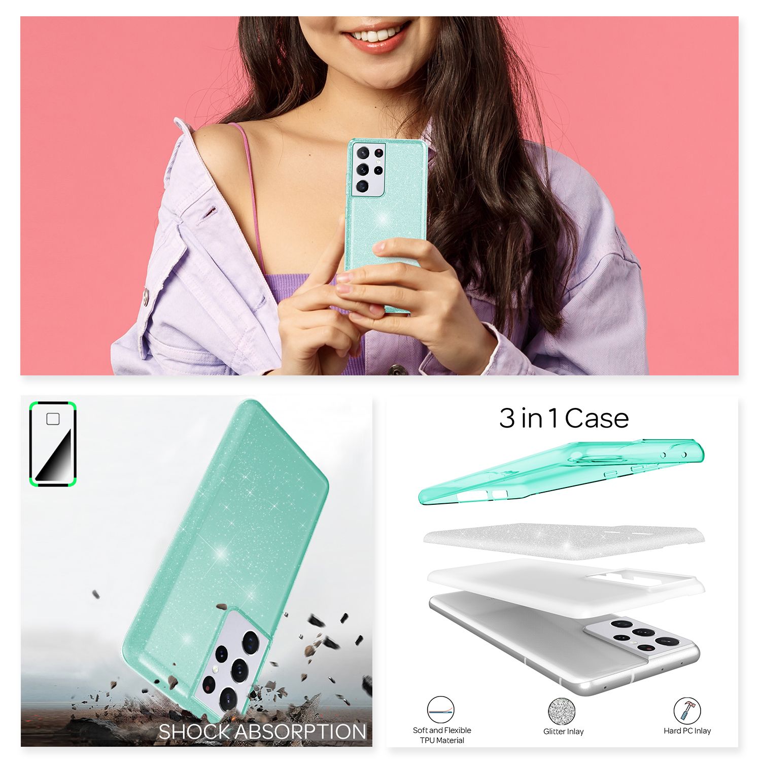 NALIA Glitzer Handy Hülle für Samsung Galaxy S21 Ultra, Diamant Cover Bling Case Mintgrün NALIA Protective Hülle