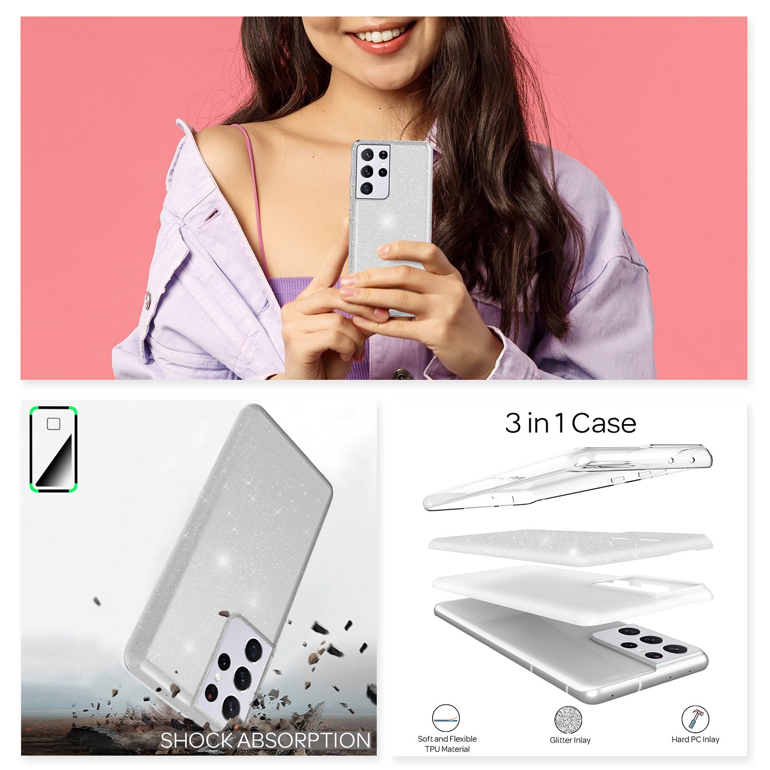 NALIA Glitzer Handy Hülle für Samsung Galaxy S21 Ultra, Diamant Cover Bling Case Silber NALIA Protective Hülle