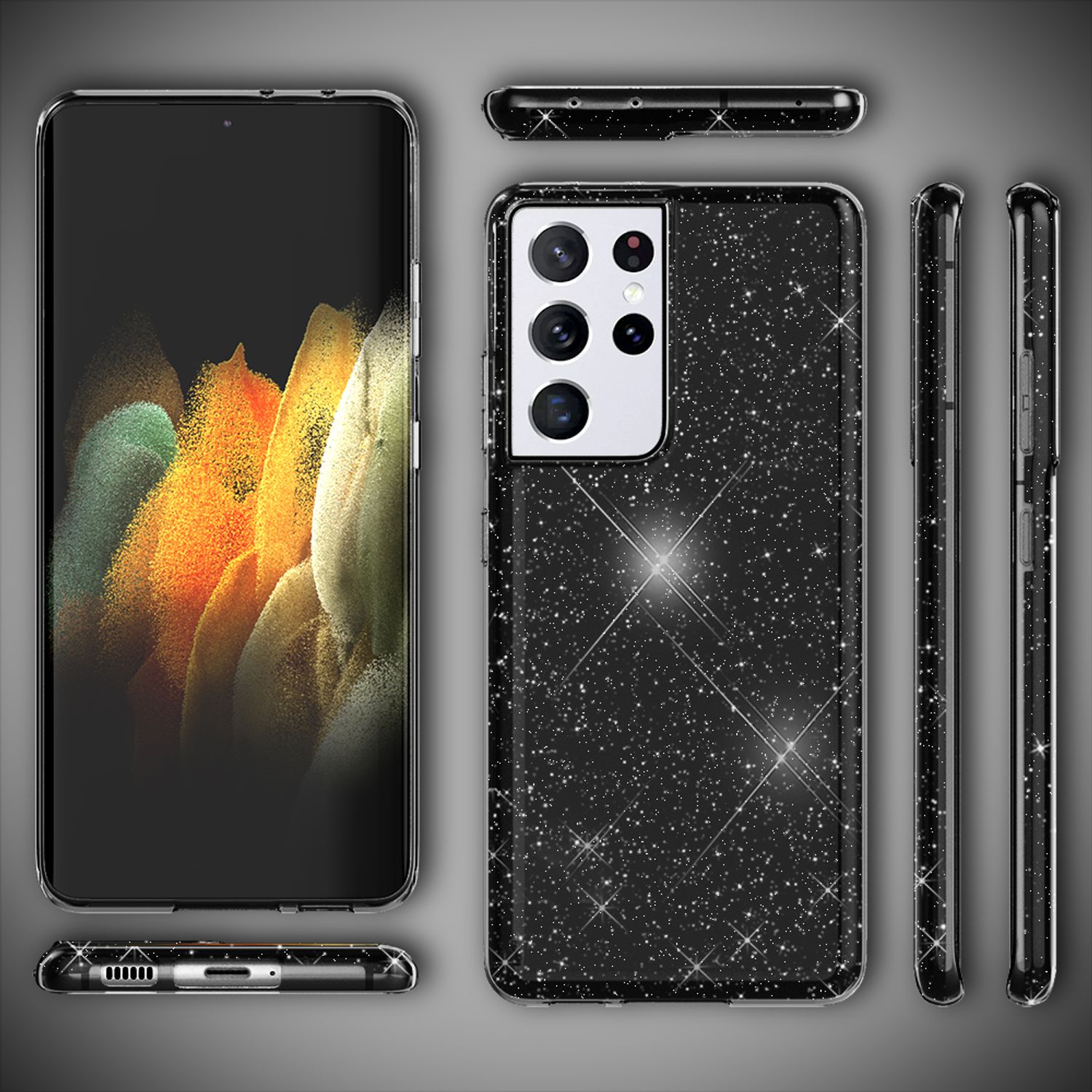 NALIA Glitzer Handy Hülle für Samsung Galaxy S21 Ultra, Diamant Cover Bling Case Schwarz NALIA Protective Hülle