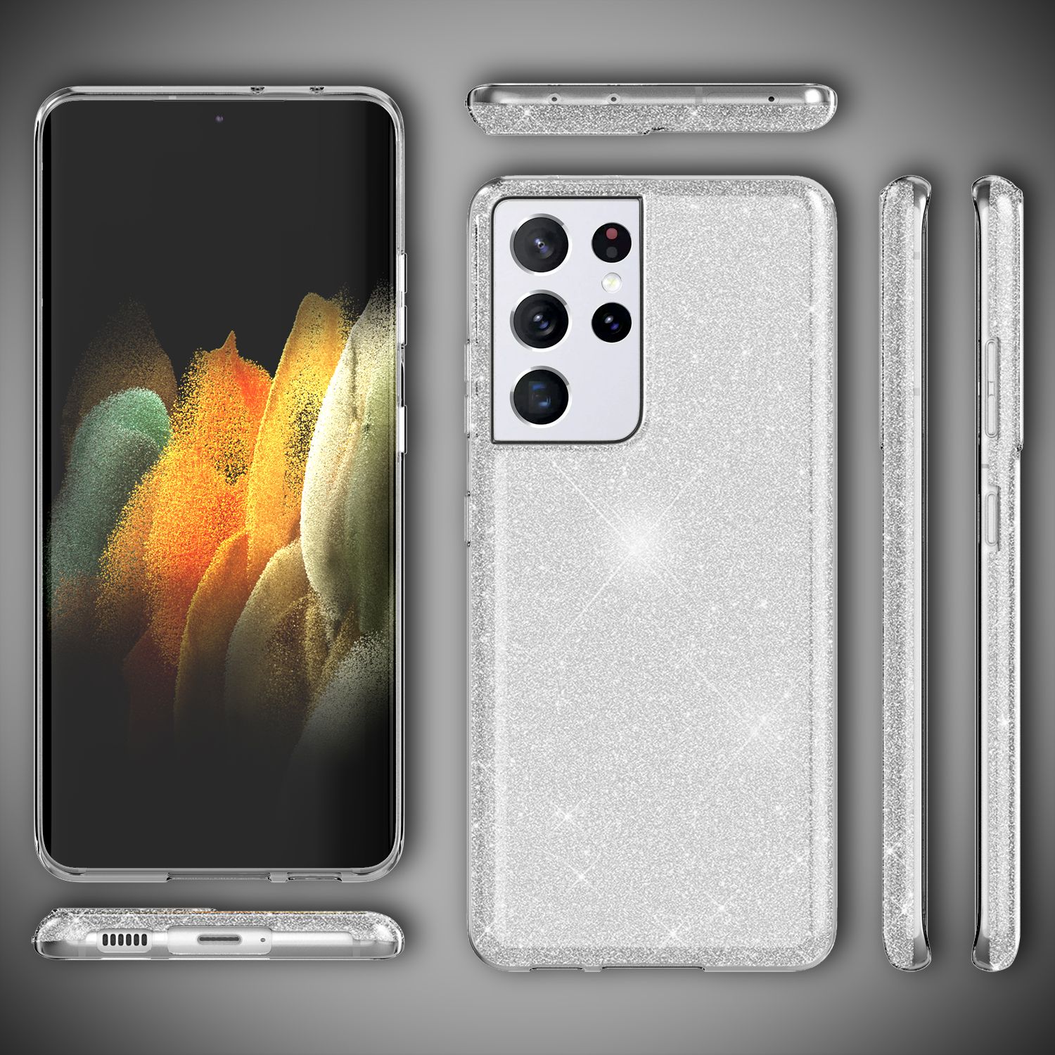NALIA Glitzer Handy Hülle für Samsung Galaxy S21 Ultra, Diamant Cover Bling Case Silber NALIA Protective Hülle