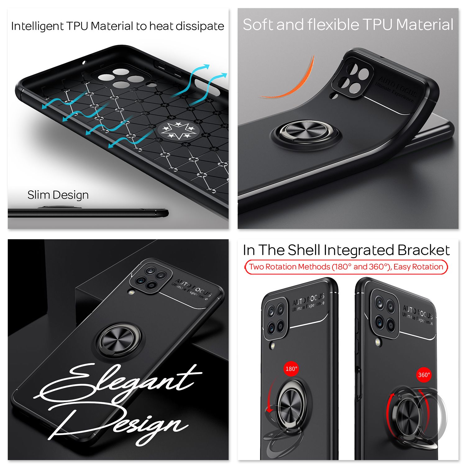 NALIA Ring Handy Hülle für Samsung Galaxy A12, Schutz Case Tasche Etui Bumper Schwarz NALIA Protective Hülle