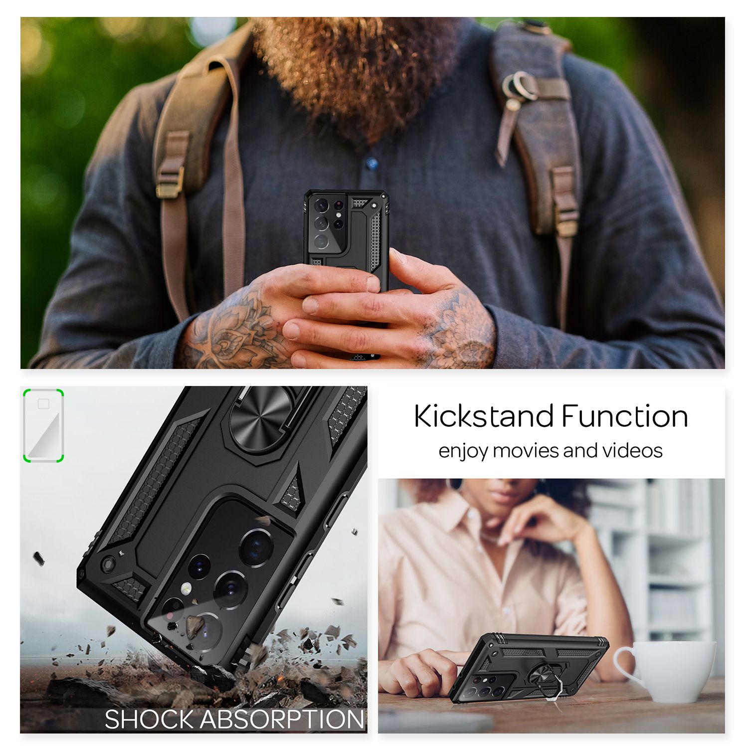 NALIA Ring Handy Hülle für Samsung Galaxy S21 Ultra, Schutz Tasche Cover Case Schwarz NALIA Outdoor Hülle