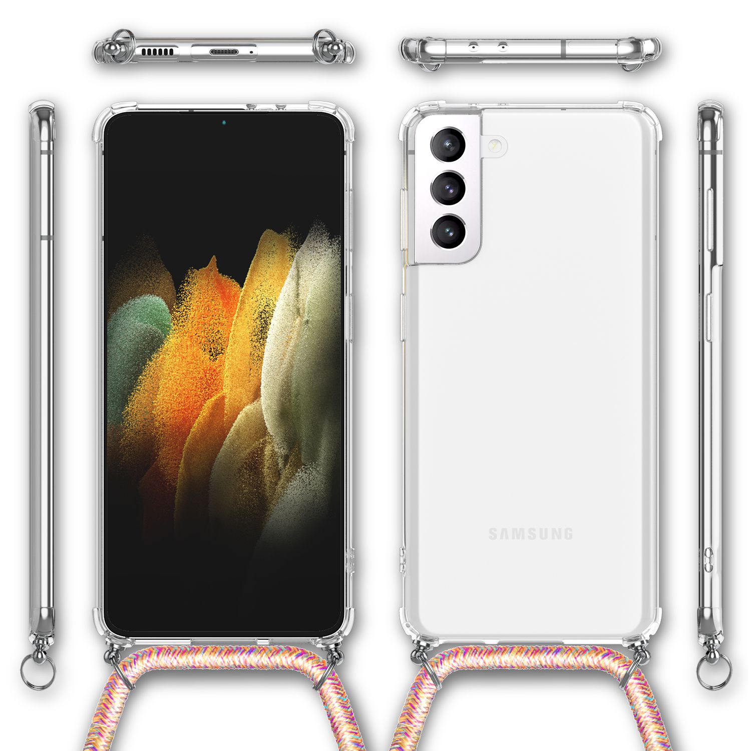 NALIA Handykette mit Hülle Samsung Galaxy S21 Case Crossbody verstellbar Regenbogen NALIA Transparente Hülle