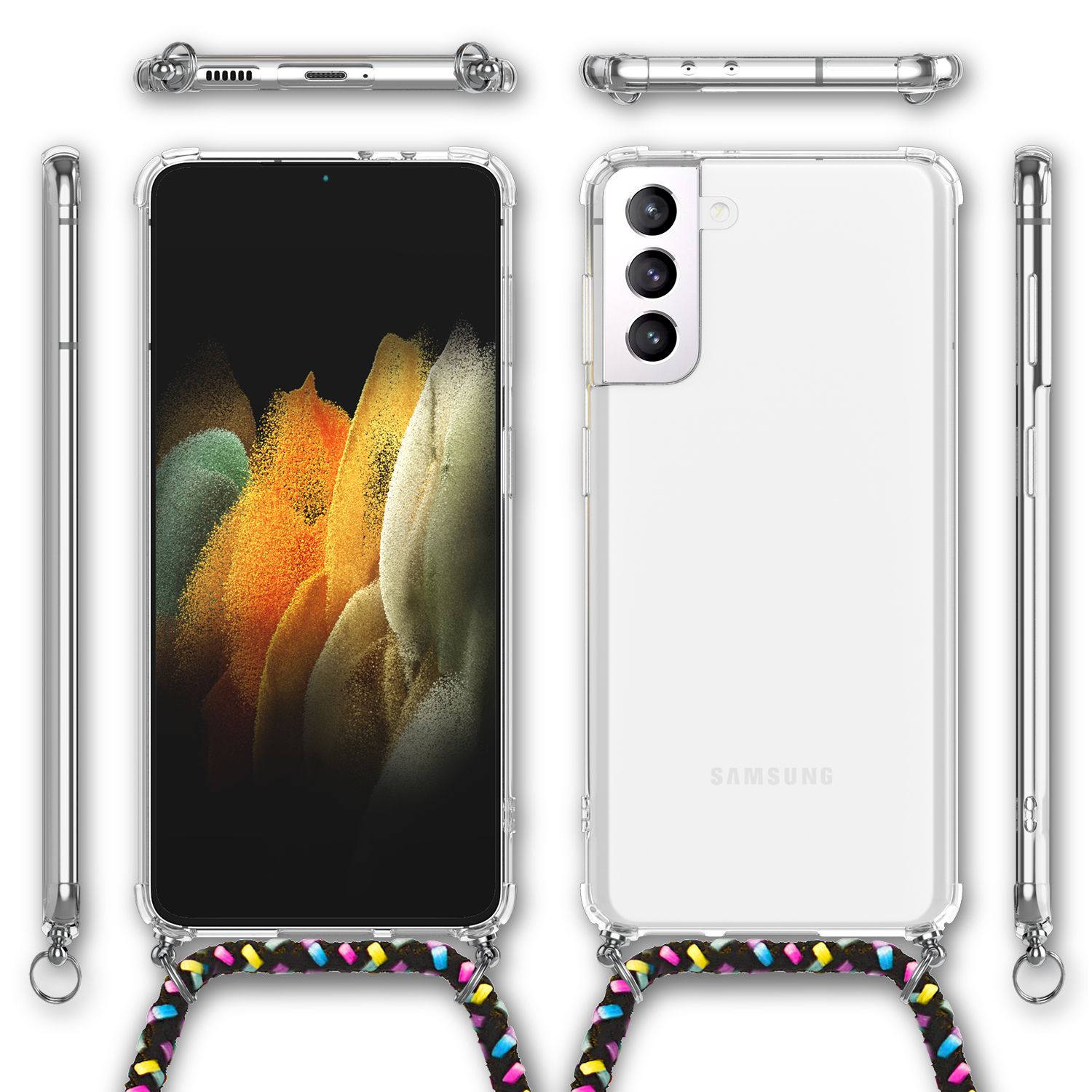 NALIA Handykette mit Hülle Samsung Galaxy S21 Case Crossbody verstellbar Schwarz Bunt NALIA Transparente Hülle