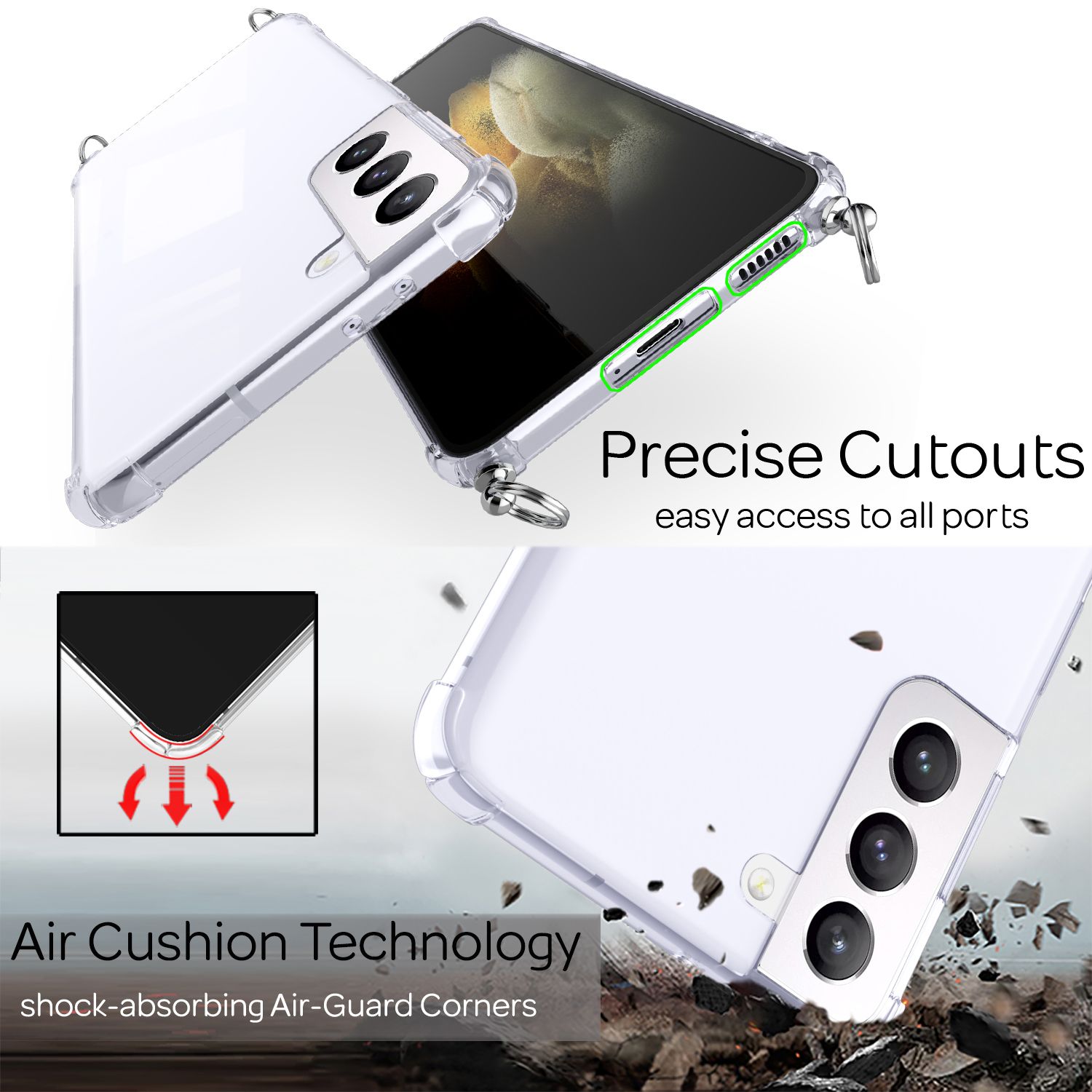 NALIA Klare Handy Hülle mit Kette für Samsung Galaxy S21 Plus, Band Case Cover Schwarz Bunt NALIA Transparente Hülle