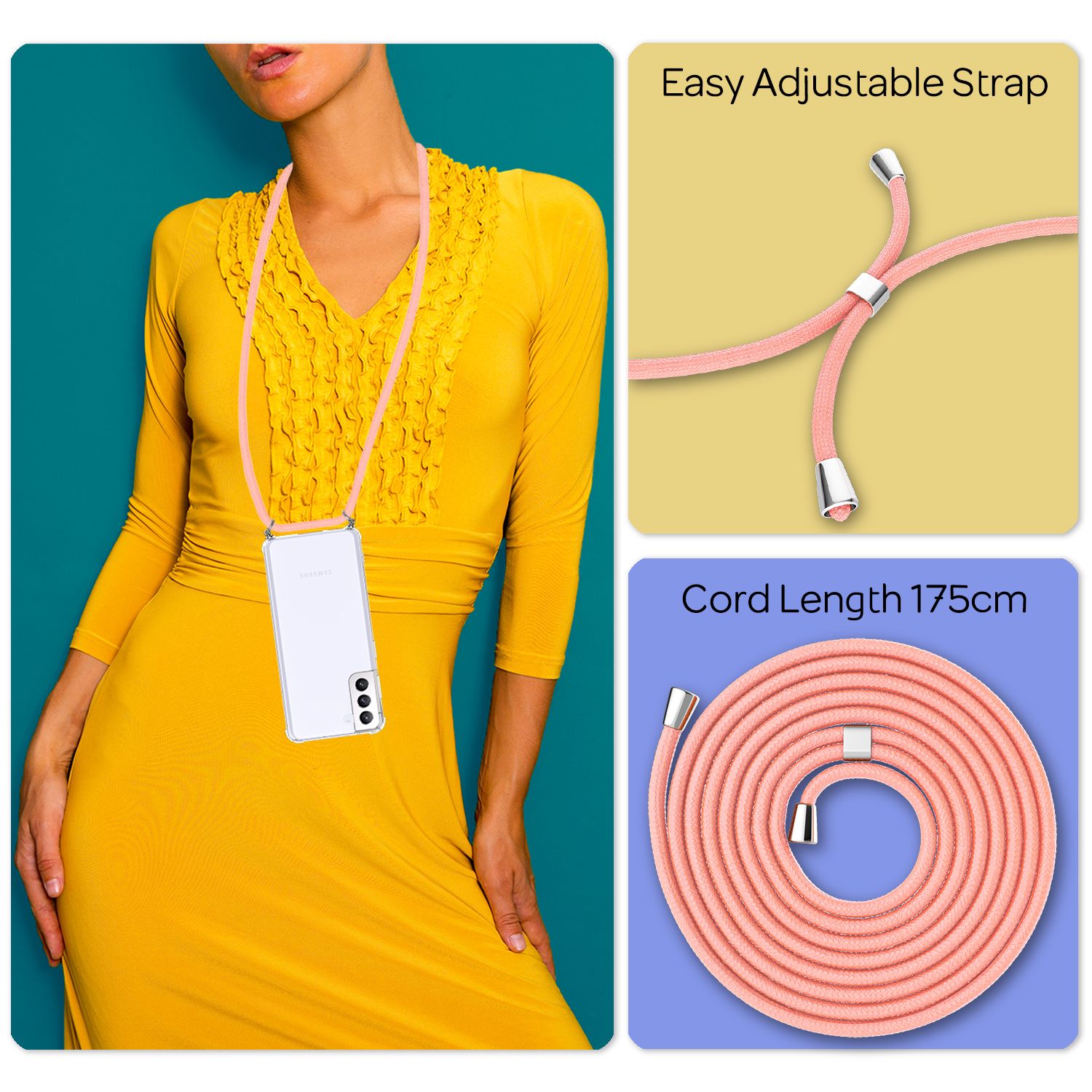 NALIA Klare Handy Hülle mit Kette für Samsung Galaxy S21 Plus, Band Case Cover Pink NALIA Transparente Hülle