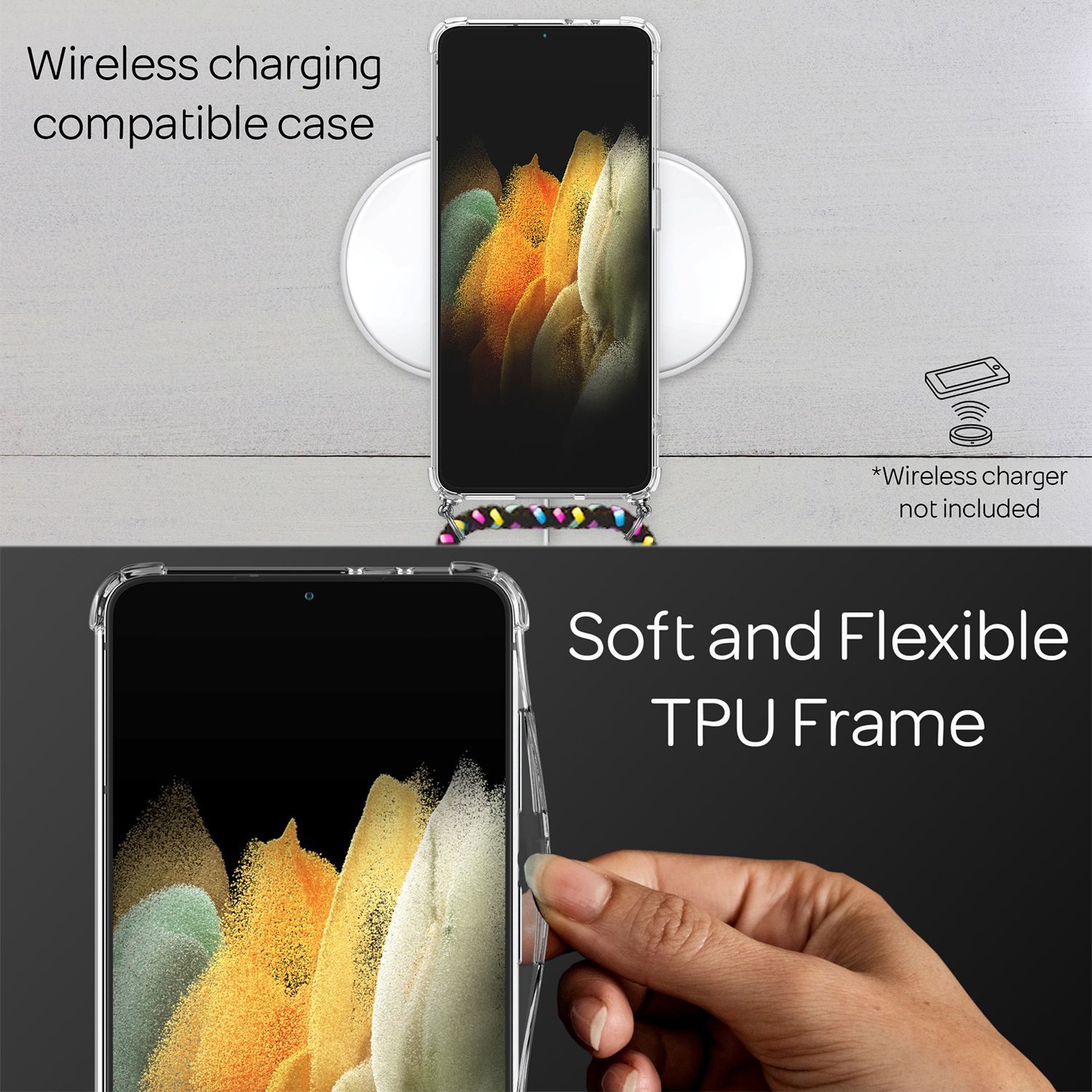 NALIA Klare Handy Hülle mit Kette für Samsung Galaxy S21 Plus, Band Case Cover Schwarz Bunt NALIA Transparente Hülle